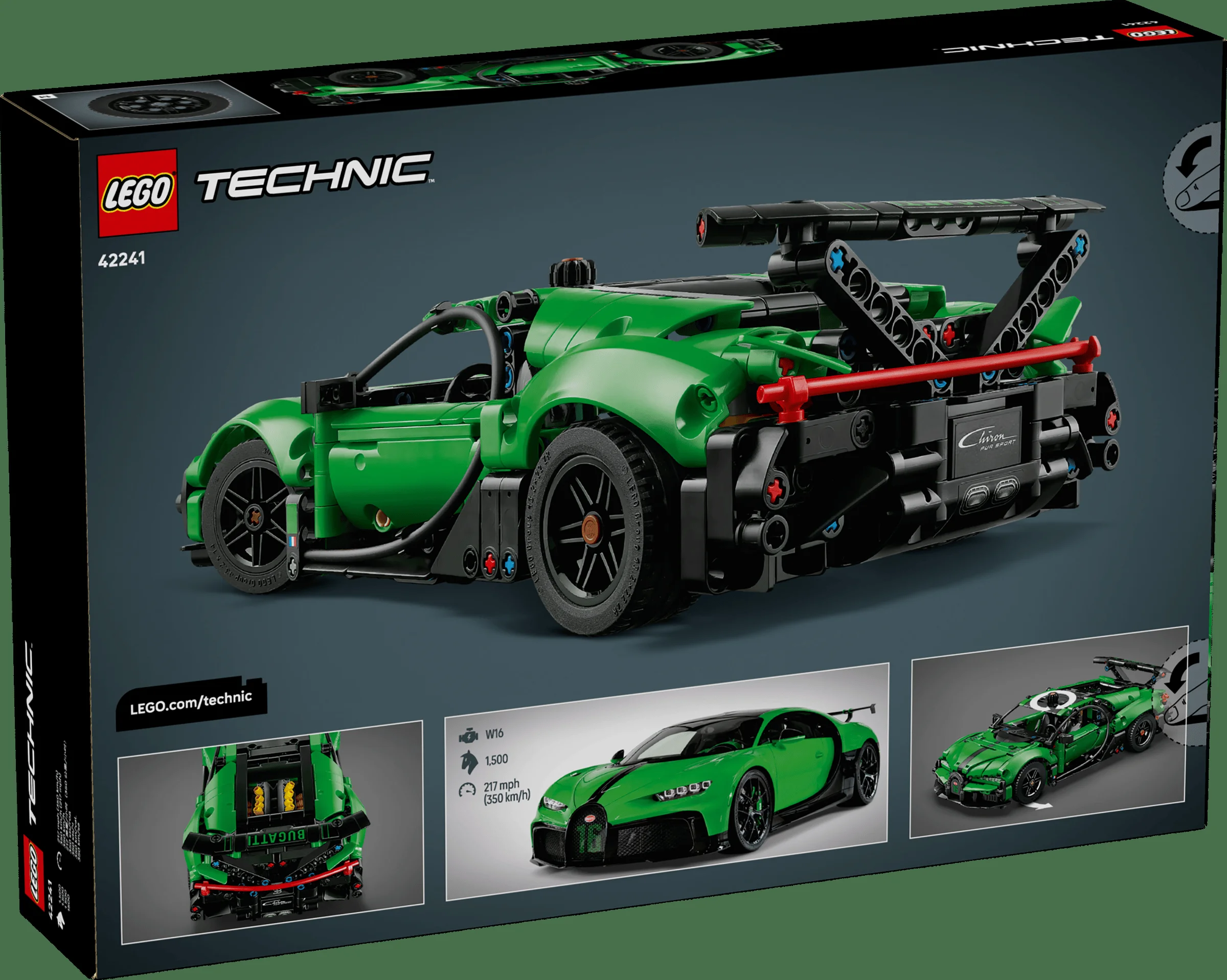 Cutia setului LEGO Technic 42241 Bugatti Chiron Pur Sport, detaliind modelul. O imagine detaliată a setului.