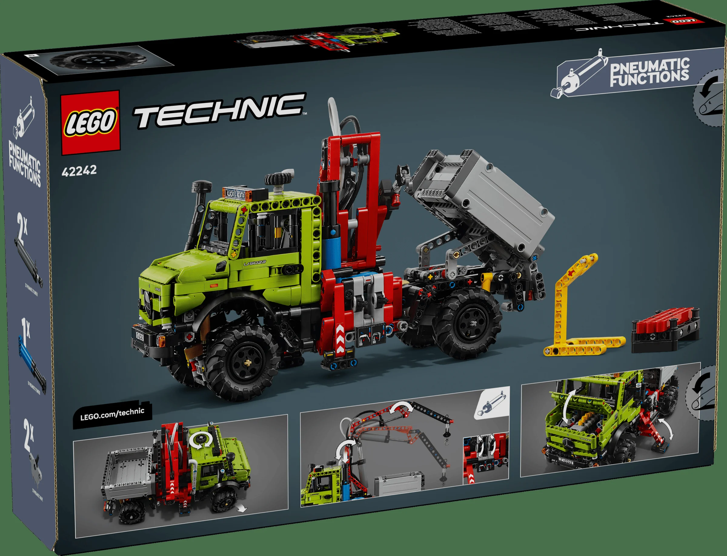 Cutia setului LEGO Technic 42242, cu modelul Mercedes-Benz Unimog U 5023 prezentat detaliat.