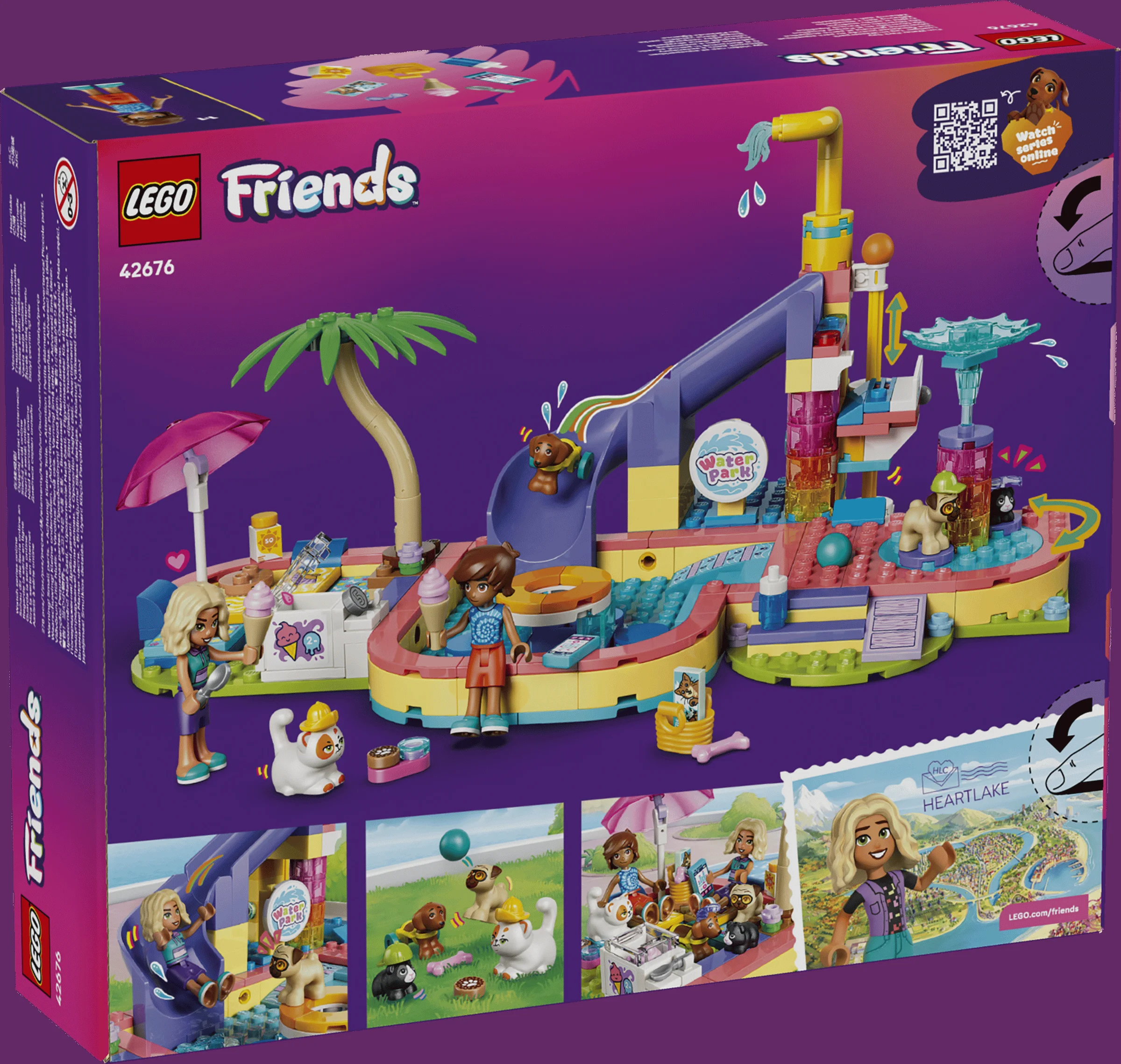 Imagine cu cutia setului LEGO Friends 42676, ce prezintă toboganul, piscina și minifigurinele incluse.