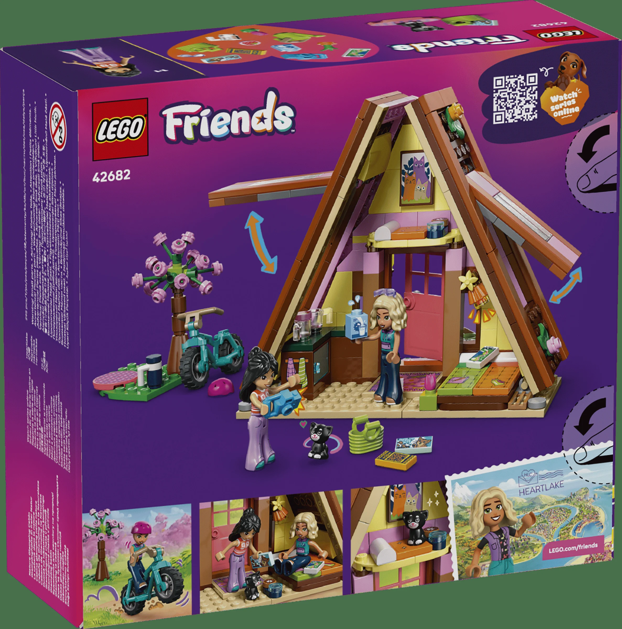 Cutie LEGO Friends 42682 Cabana de glamping în natură, cu două minifigurine și detalii ale modelului.