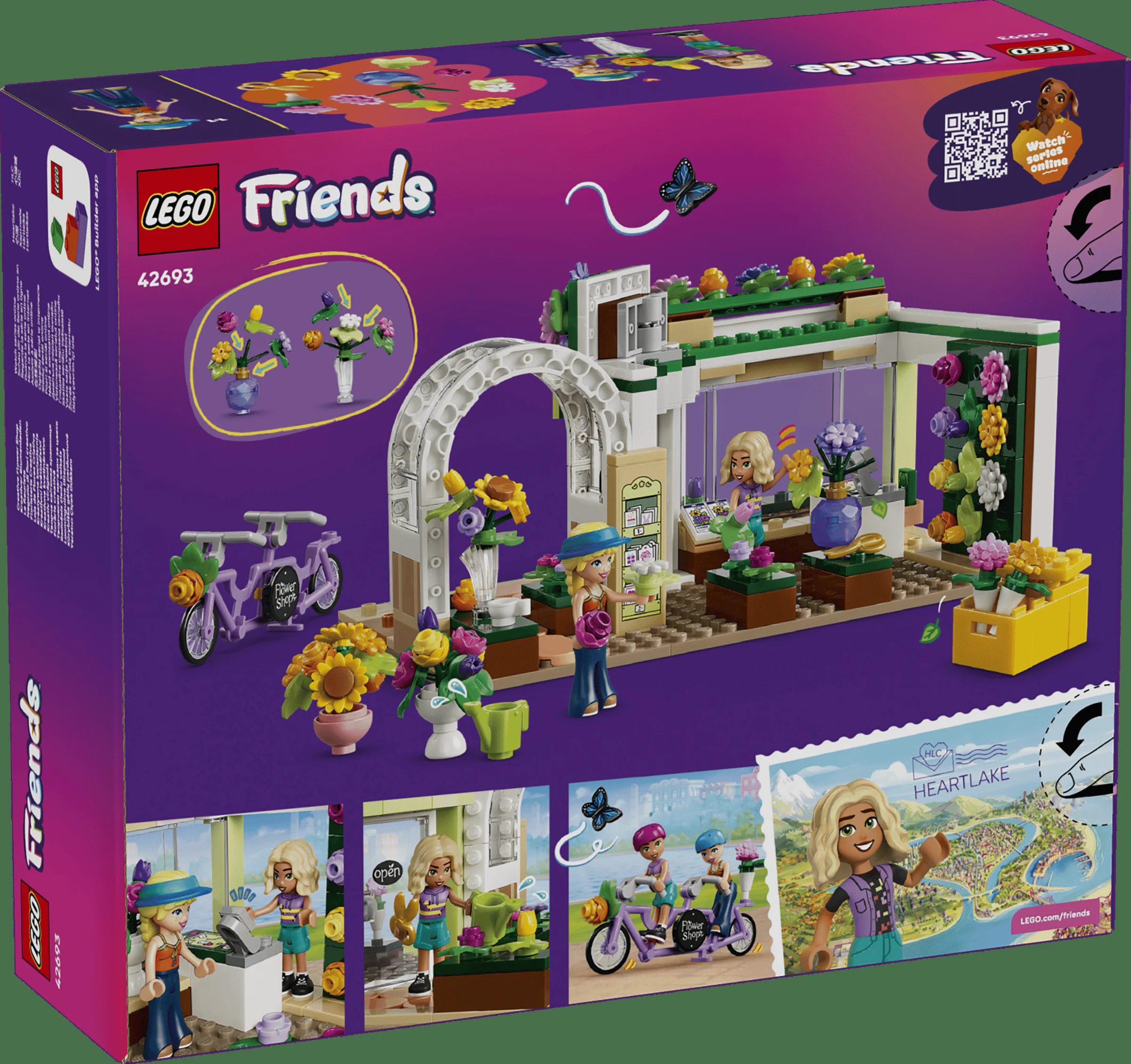 Cutia setului LEGO Friends 42693, Magazinul de flori creativ, cu diverse detalii și minifigurine.