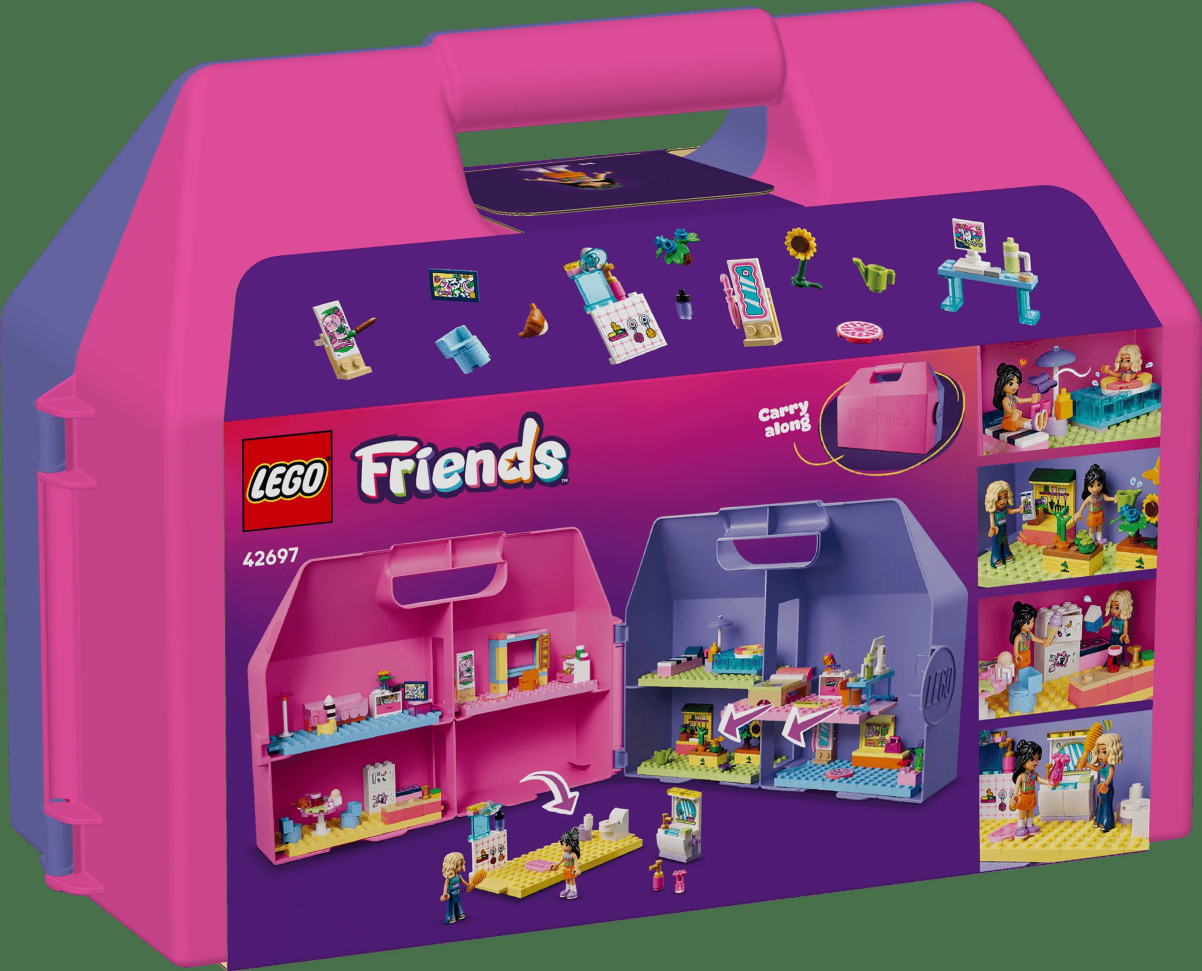 Cutie LEGO 42697 „Valiză creativă pentru căsuța de păpuși”, vedere din spate, cu detalii despre interior.