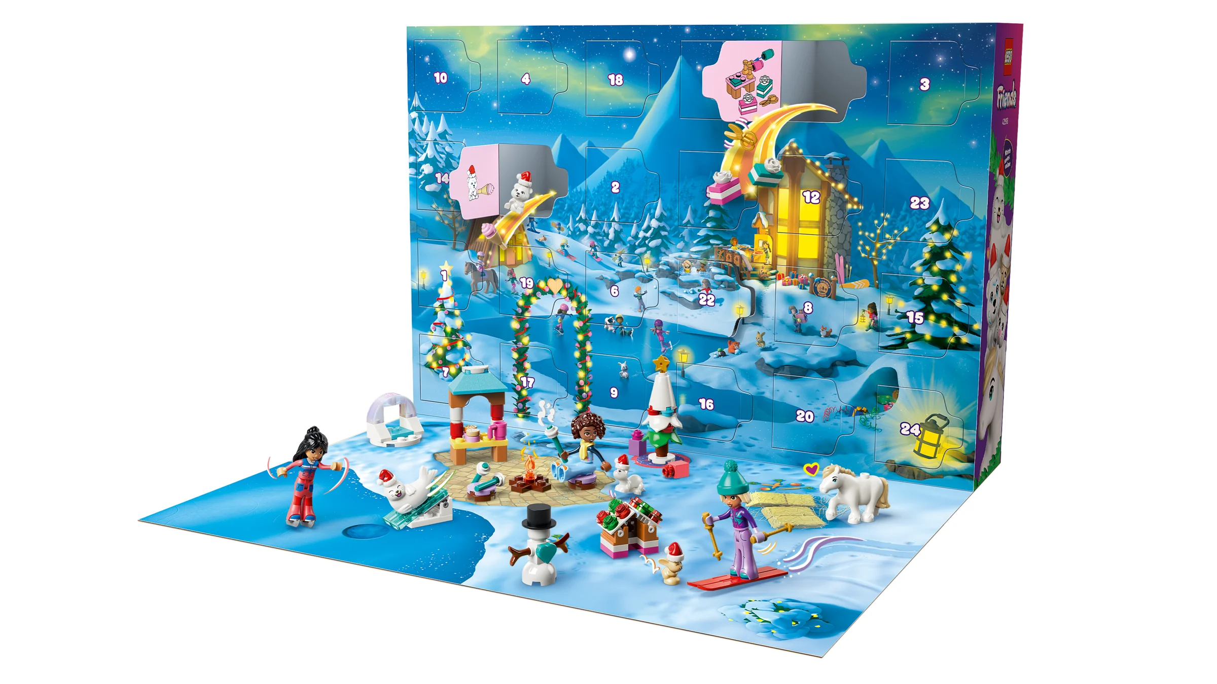 Calendarul Advent LEGO Friends 2026 (42698) deschis, dezvăluind mini-construcții festive.