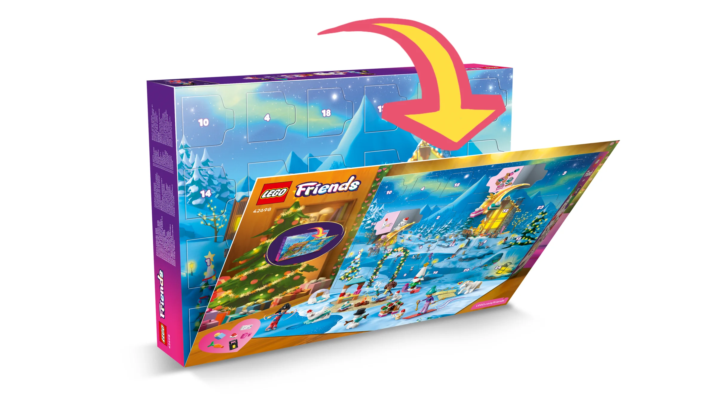 Cutia LEGO Friends Calendar Advent 2026, deschisă, cu imagini ale conținutului din interior.