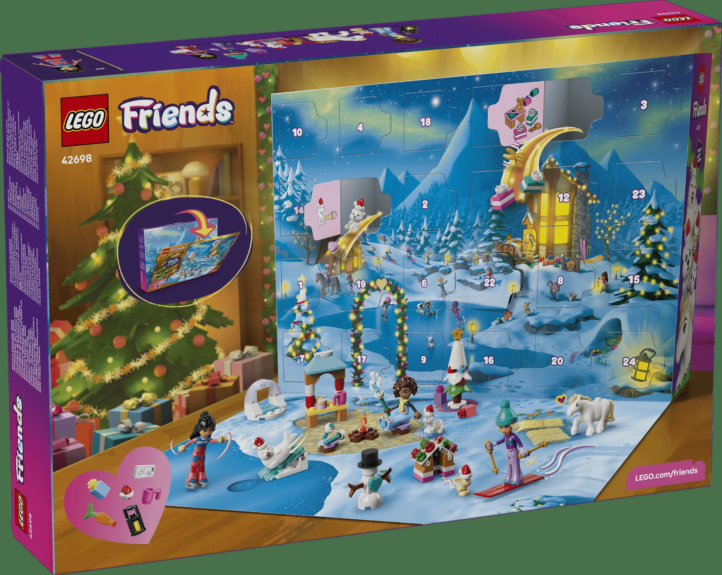 Cutia setului LEGO Friends Calendar Advent 2026, cu scena de iarnă și mini-construcții vizibile.