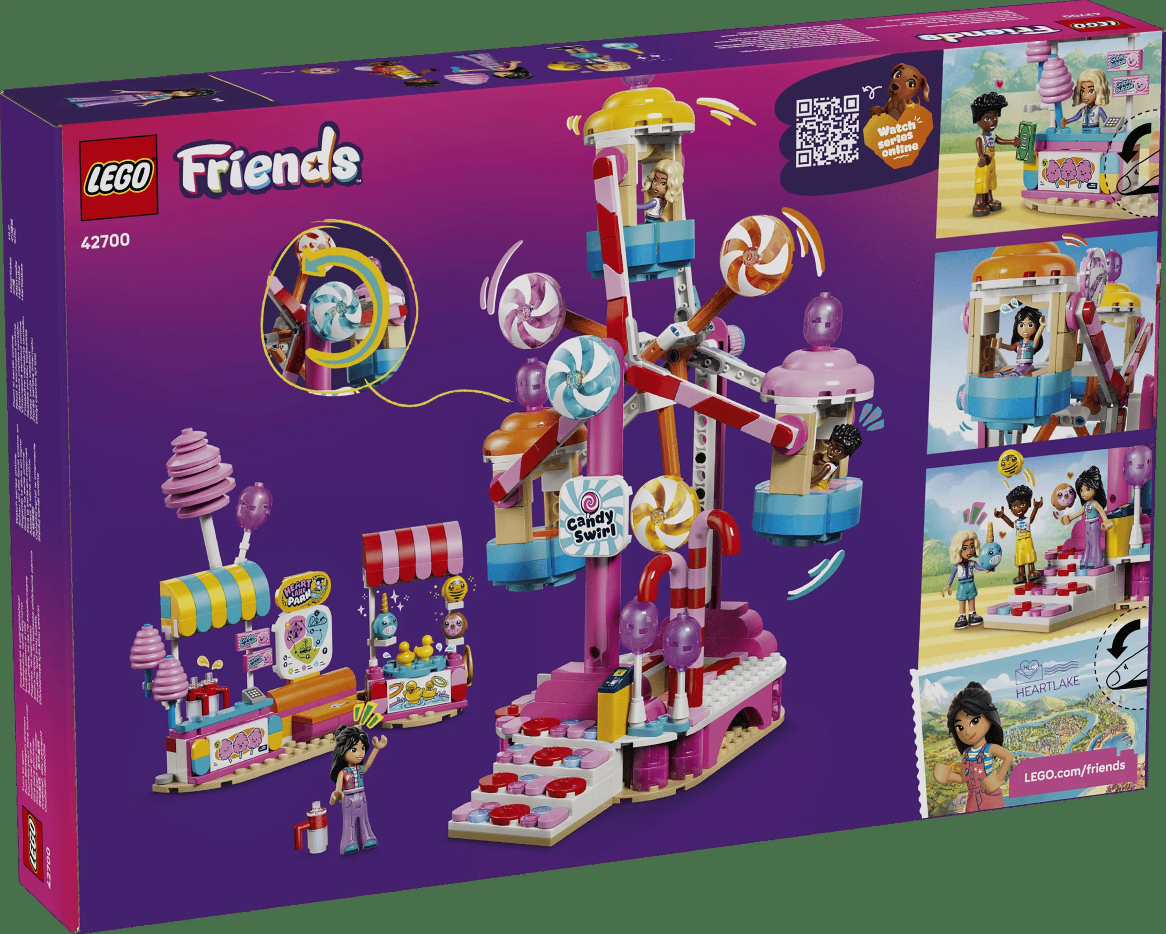 Imagine cu cutia setului LEGO Friends 42700, Roată Ferris cu Dulciuri și Brioșe, prezentând modelul asamblat.
