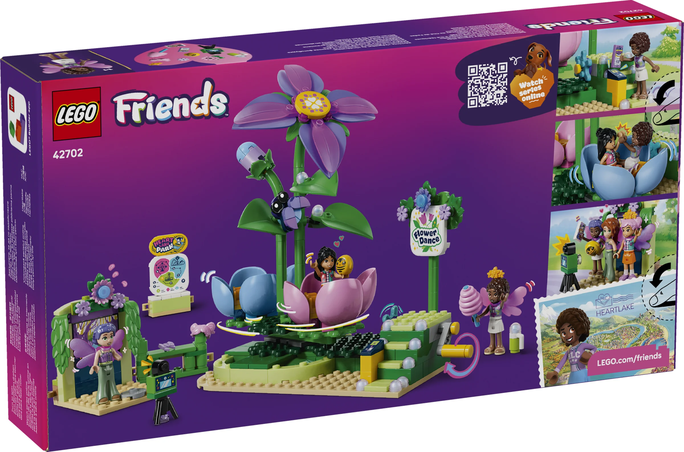 Cutia LEGO Friends 42702 cu caruselul rotativ, scene și minifigurine. Design colorat și atractiv.