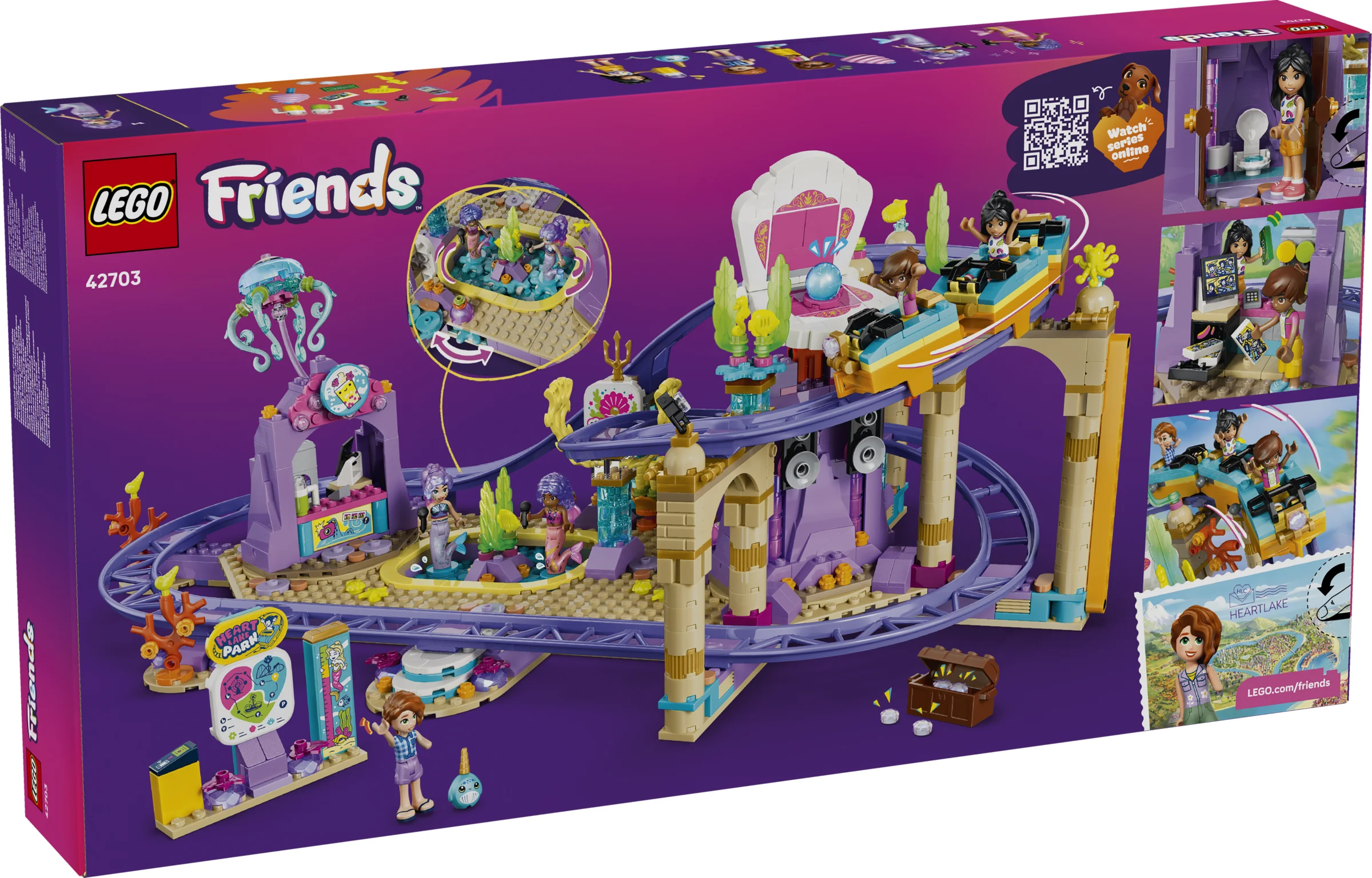 Cutia setului LEGO Friends 42703, cu parcul de distracții și figurinele incluse. Design viu colorat, atrăgător.