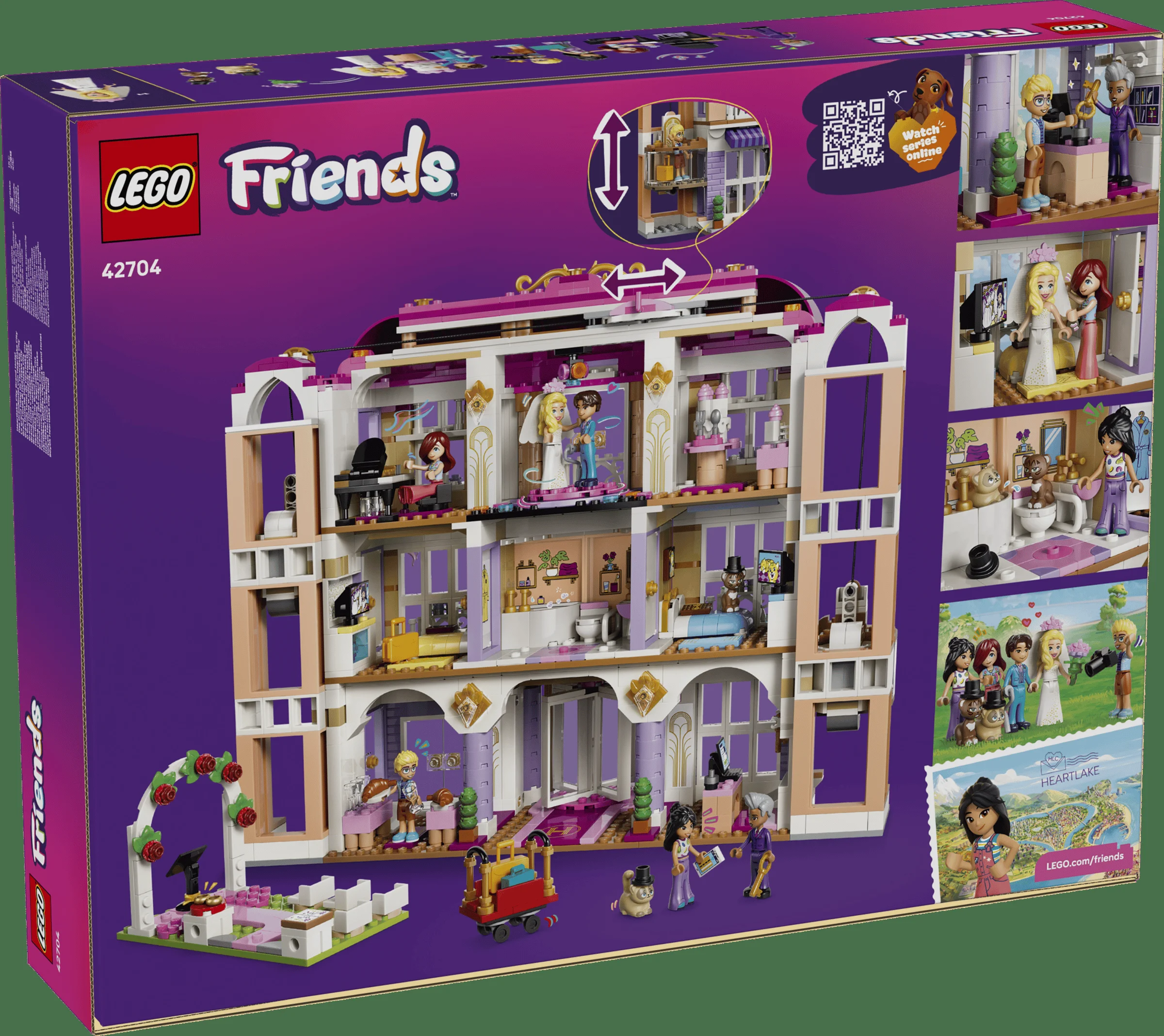 Cutia setului LEGO Friends 42704, Hotelul Grand din Heartlake City, cu modelul finisat și minifigurine.