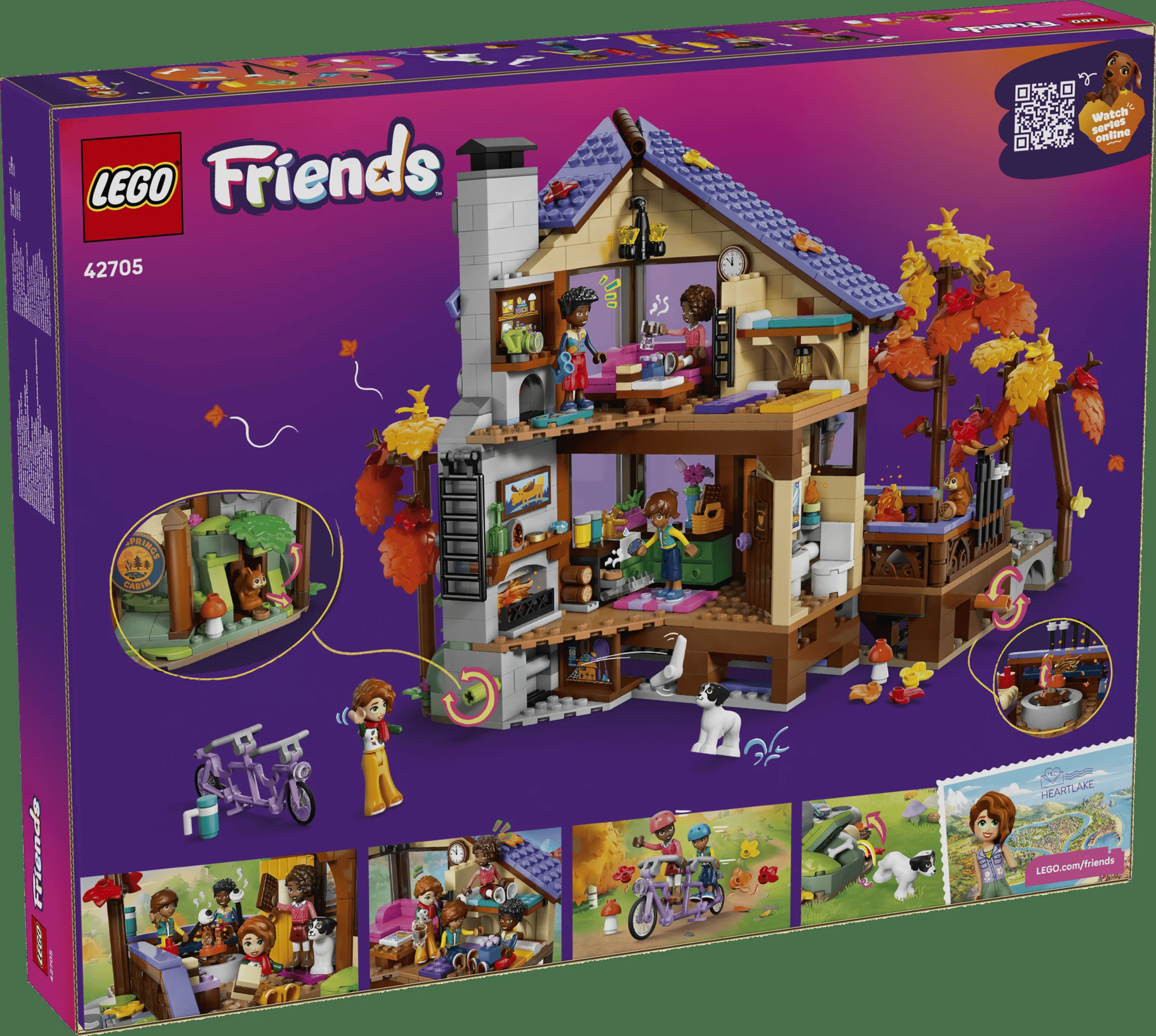 Cutia setului LEGO Friends 42705, cabana confortabilă de toamnă, prezentând modelul detaliat.