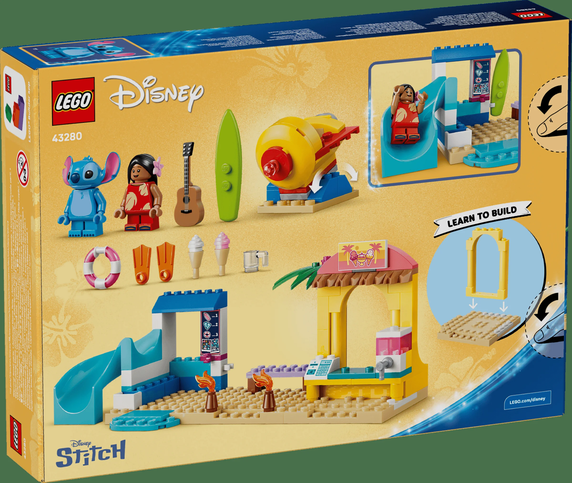 Imagine detaliată cu spatele cutiei setului LEGO 43280 Beach Fun with Lilo & Stitch.