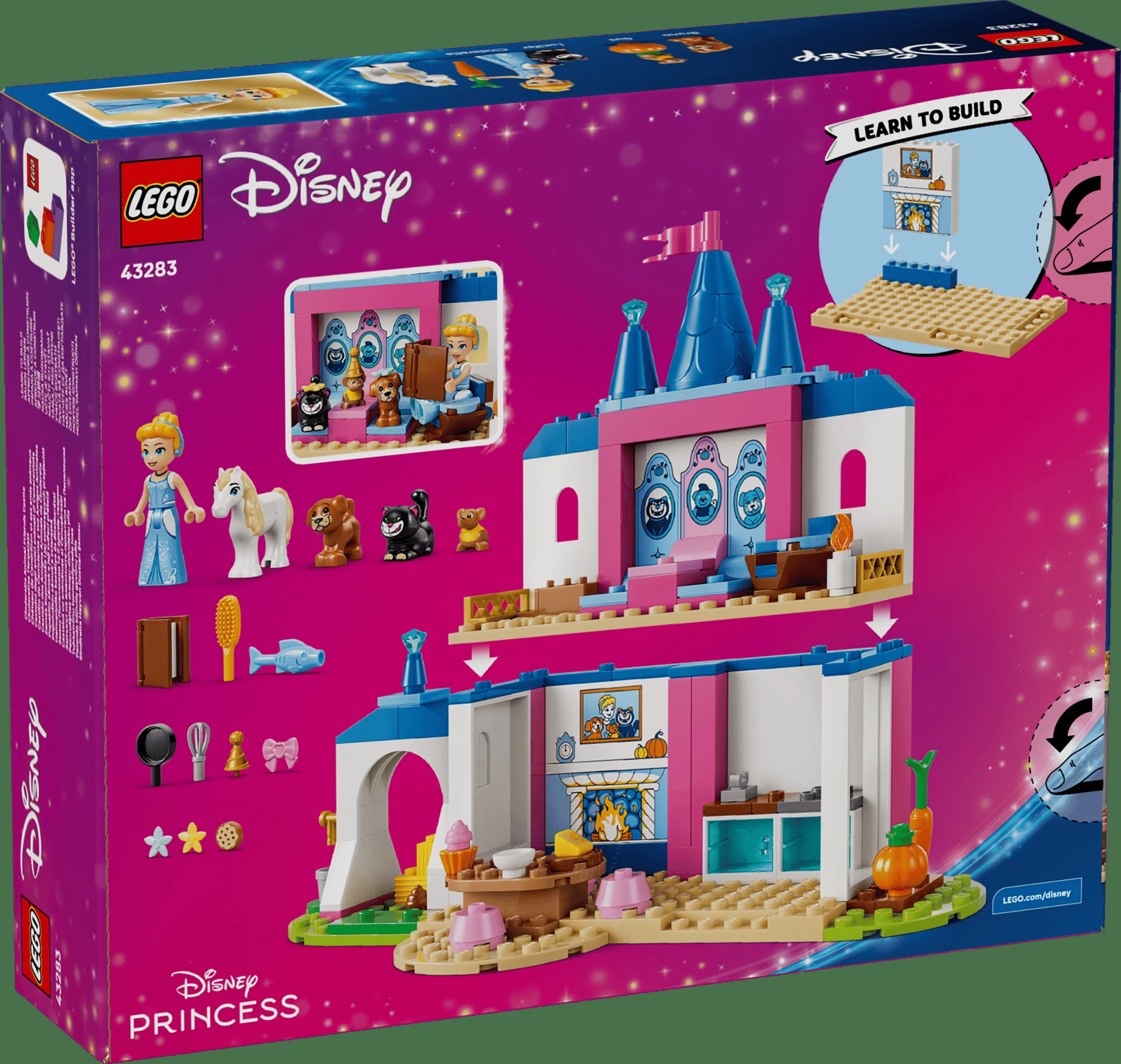 Cutia setului LEGO Disney 43283 prezintă castelul Cenușăresei și animăluțele ei dragi.
