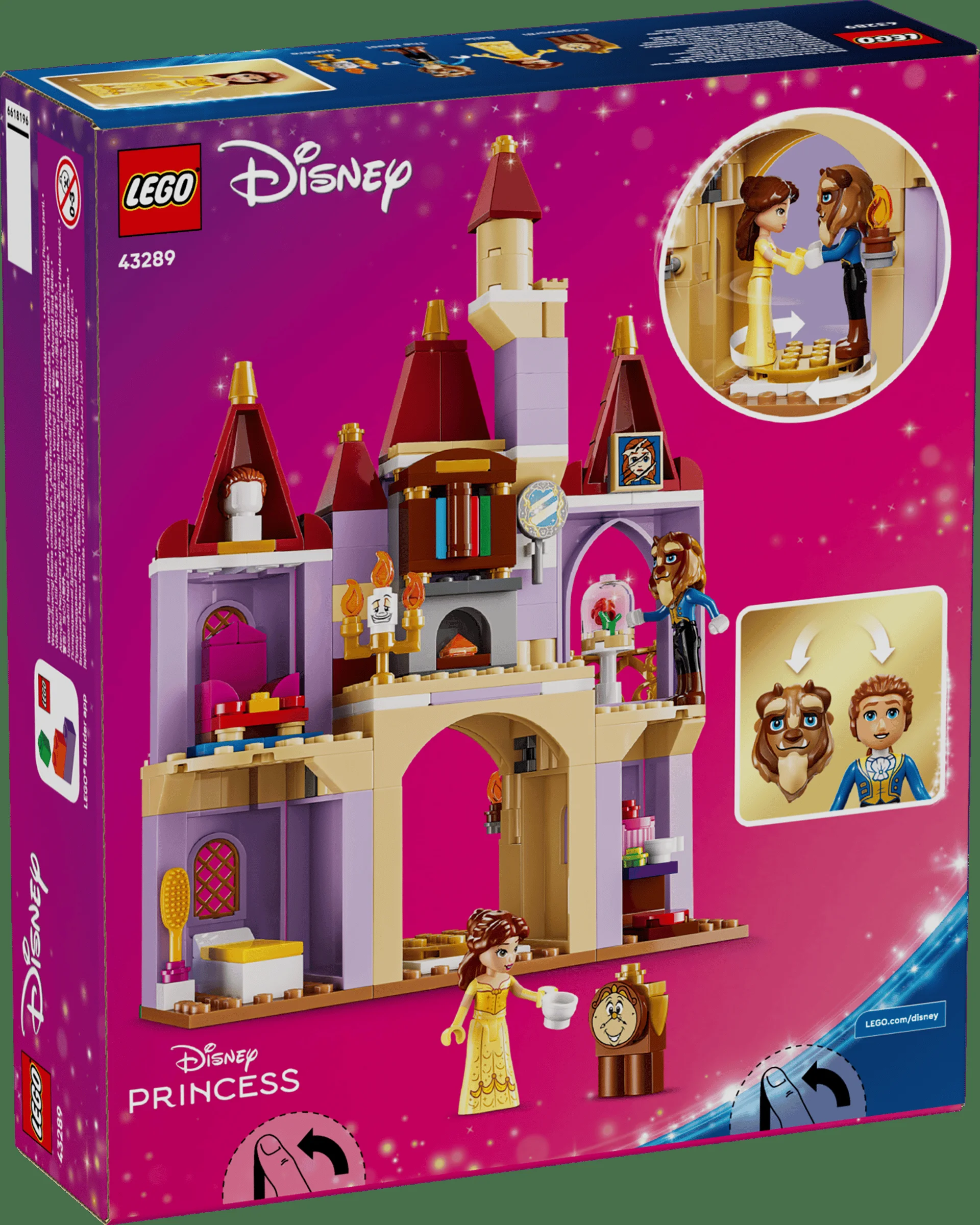 Cutie LEGO 43289, Castelul Fermecat al lui Belle și al Bestiei, cu detalii și minifigurine.