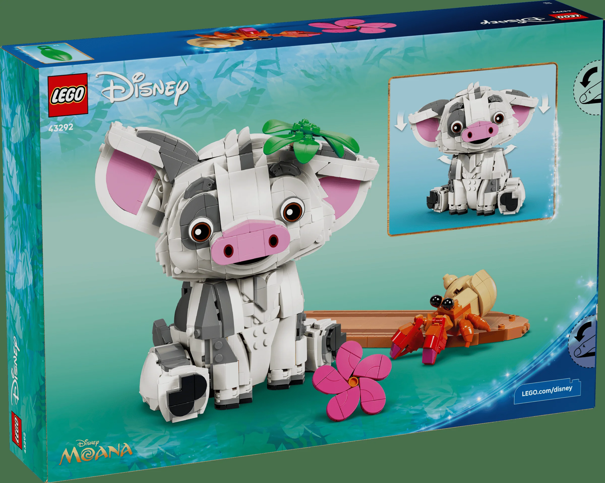 Cutia LEGO 43292 cu Pua, porcul din Moana, și crab, ambele construite din cărămizi LEGO.