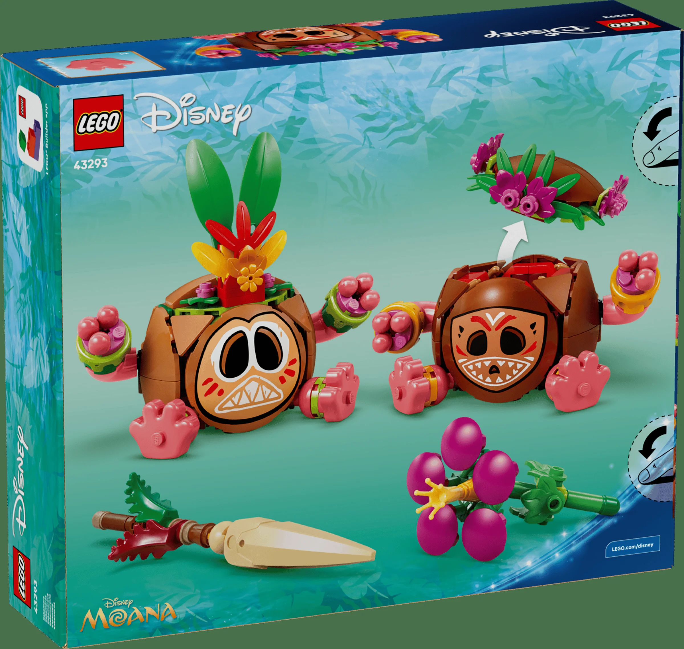 Cutia setului LEGO 43293 Kakamora, cu ilustrații detaliate ale personajelor și a funcțiilor lor.