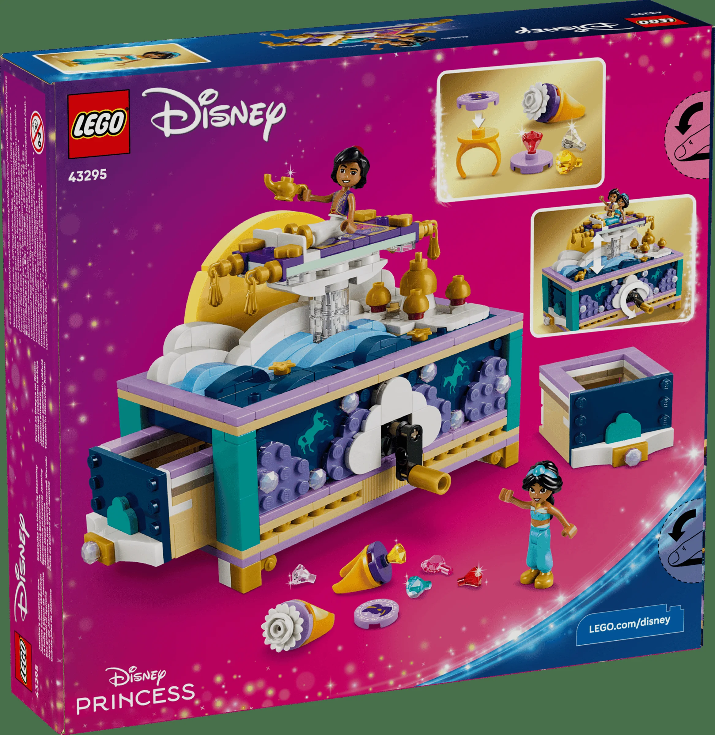 Cutia LEGO 43295 cu cutia de bijuterii a lui Jasmine, cu minifigurinele Jasmine și Aladin.