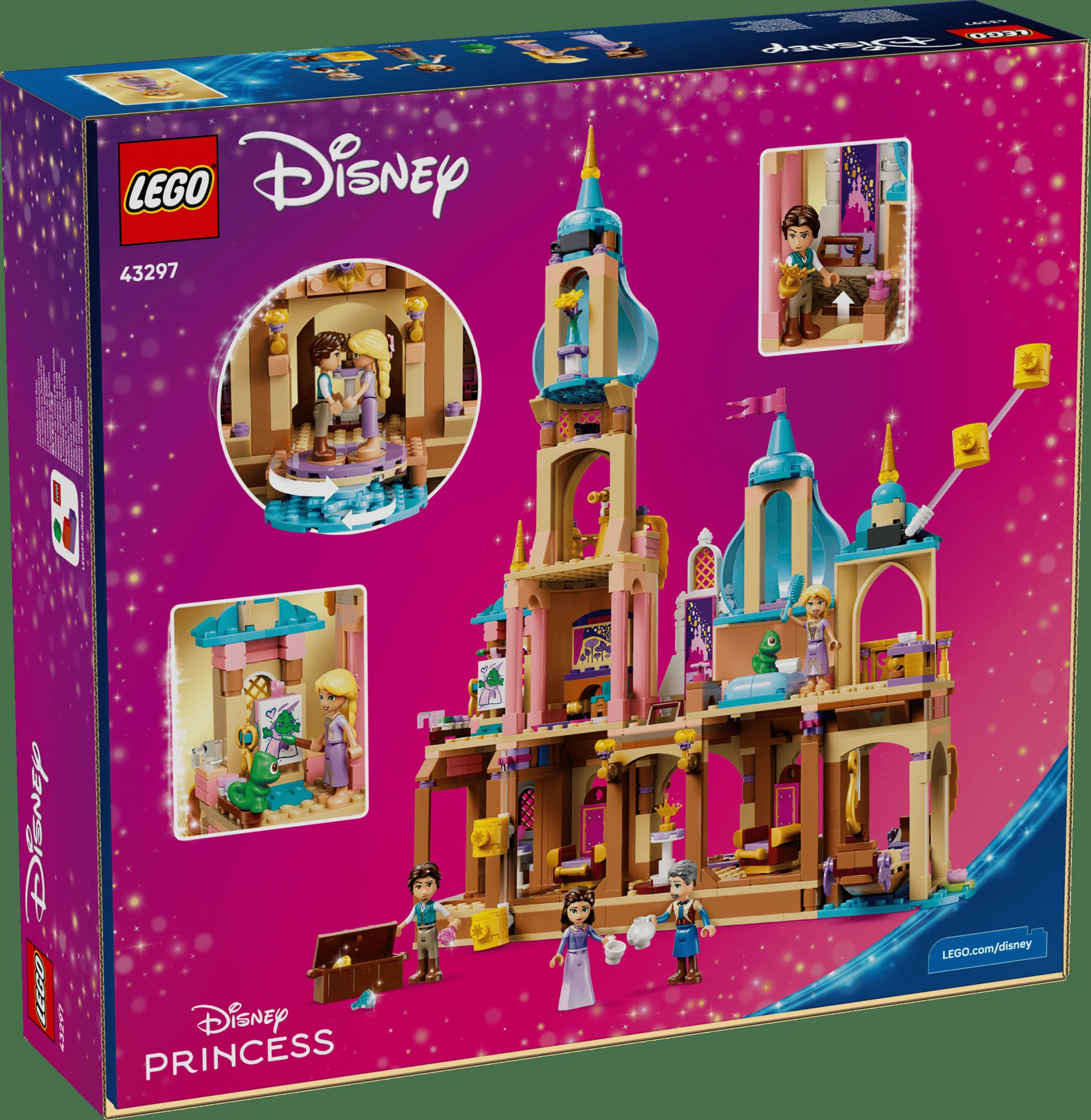 Imaginea prezintă cutia setului LEGO 43297, „Castelul lui Rapunzel”, cu modelul asamblat și detalii.