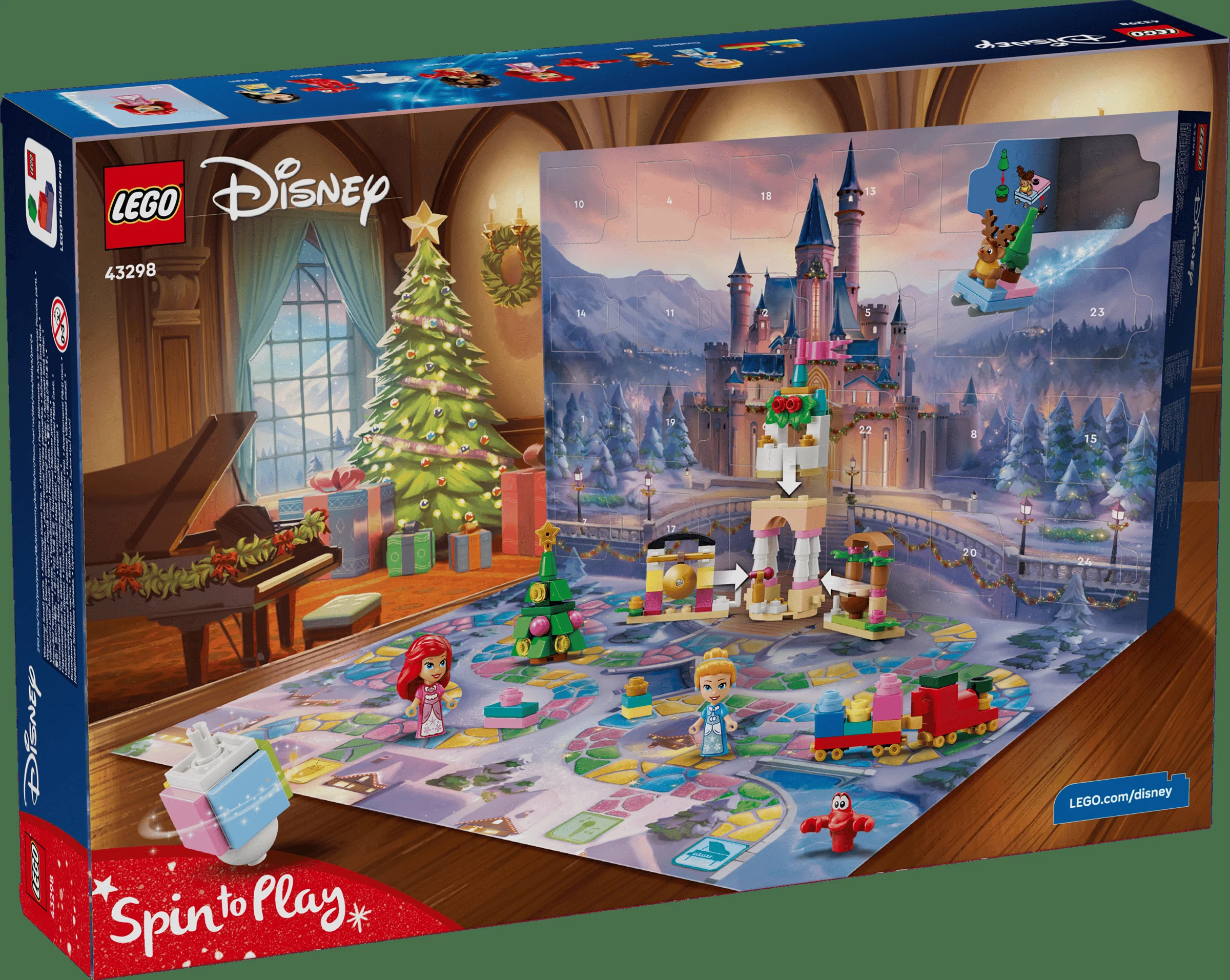 Cutia calendarului de advent LEGO Disney 43298, arătând conținutul și mini-figurinele Disney.