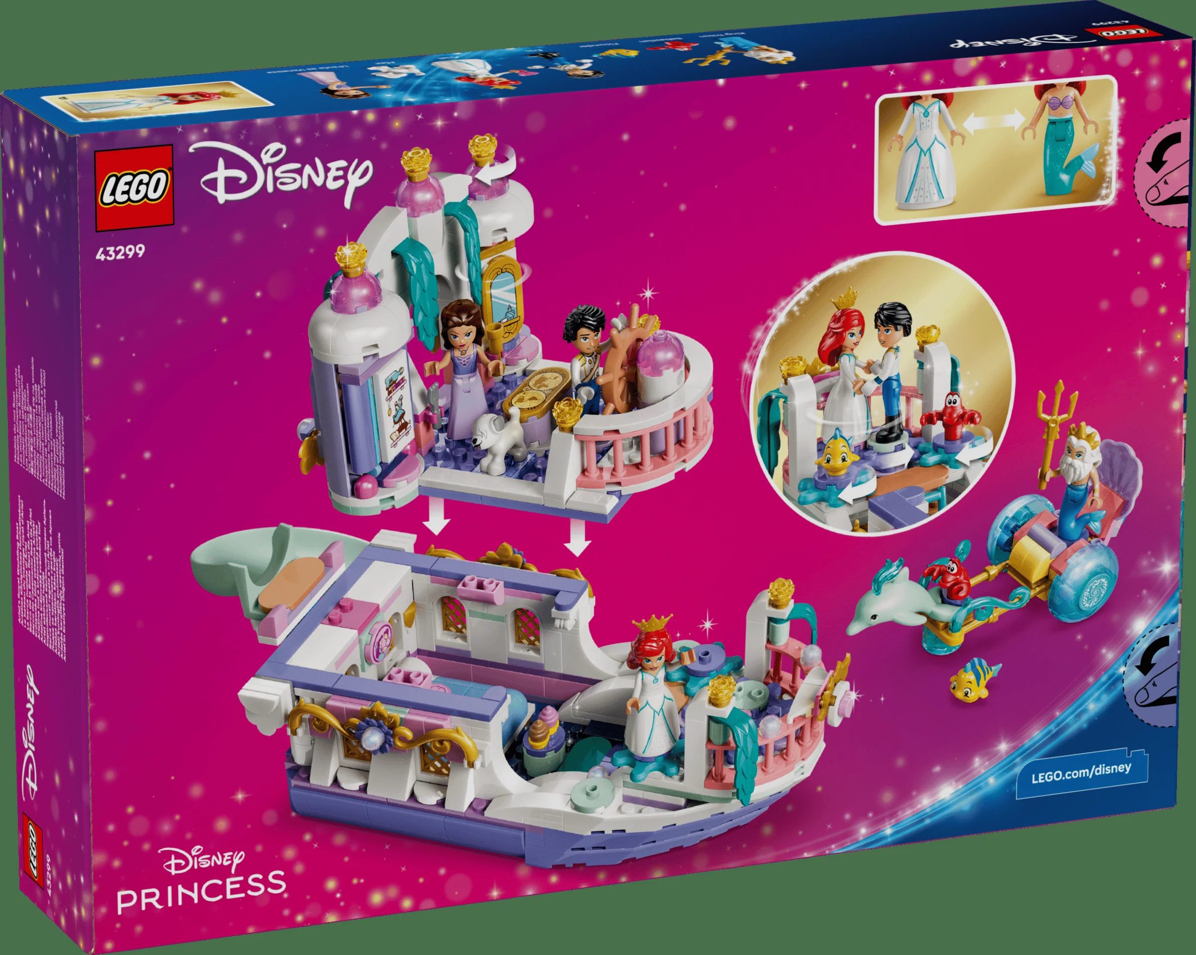 Cutia LEGO 43299, cu imaginea bărcii de nuntă a lui Ariel și a personajelor Disney.