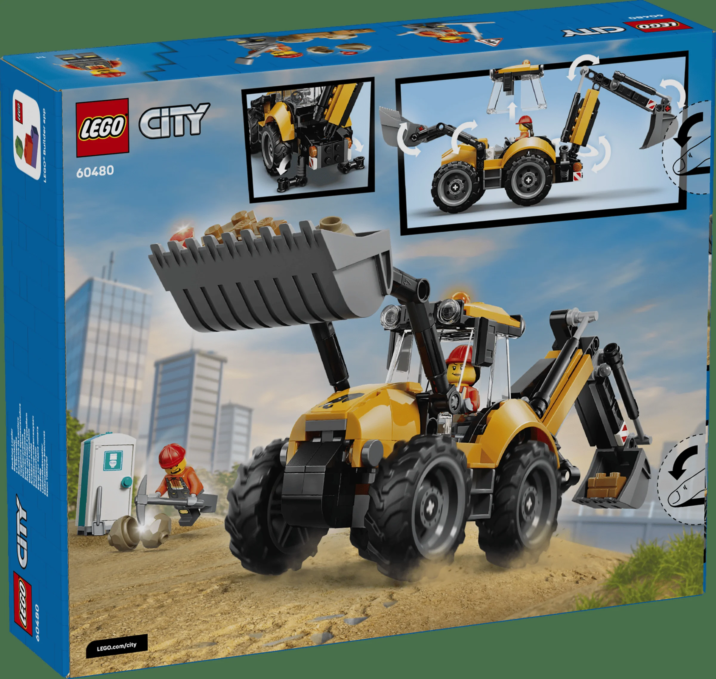 Imaginea cutiei cu excavatorul LEGO City 60480, ce prezintă modelul și funcțiile sale. Unelte și minifigurine.