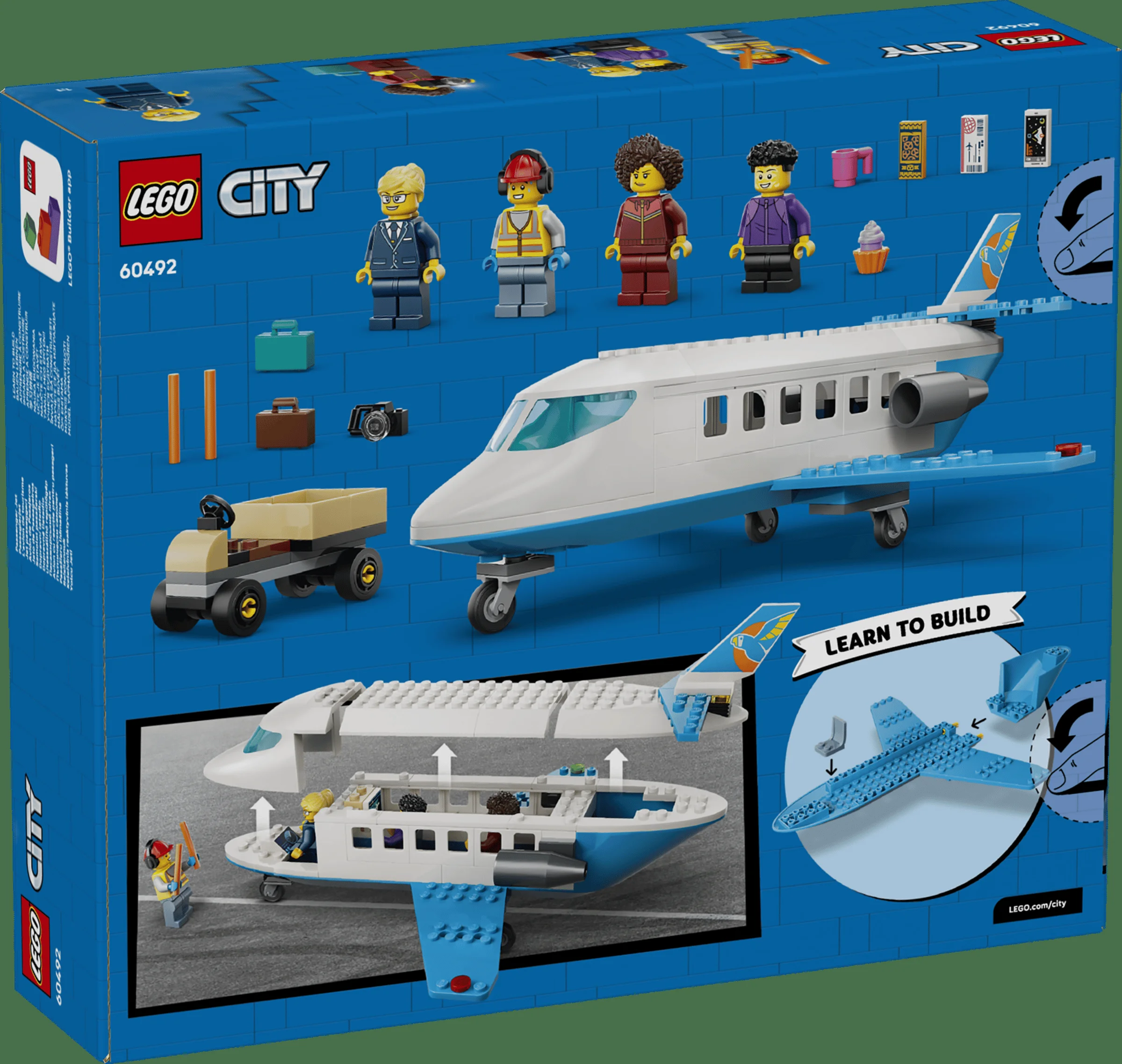 Imagine cu cutia setului LEGO City 60492, Avion de Pasageri, cu minifigurinele și detaliile incluse.