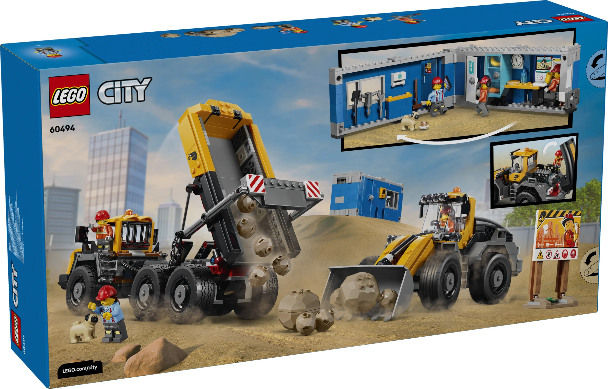 Cutie LEGO City 60494: Basculantă și încărcător frontal. Imagine cu vehiculele și minifigurinele incluse.