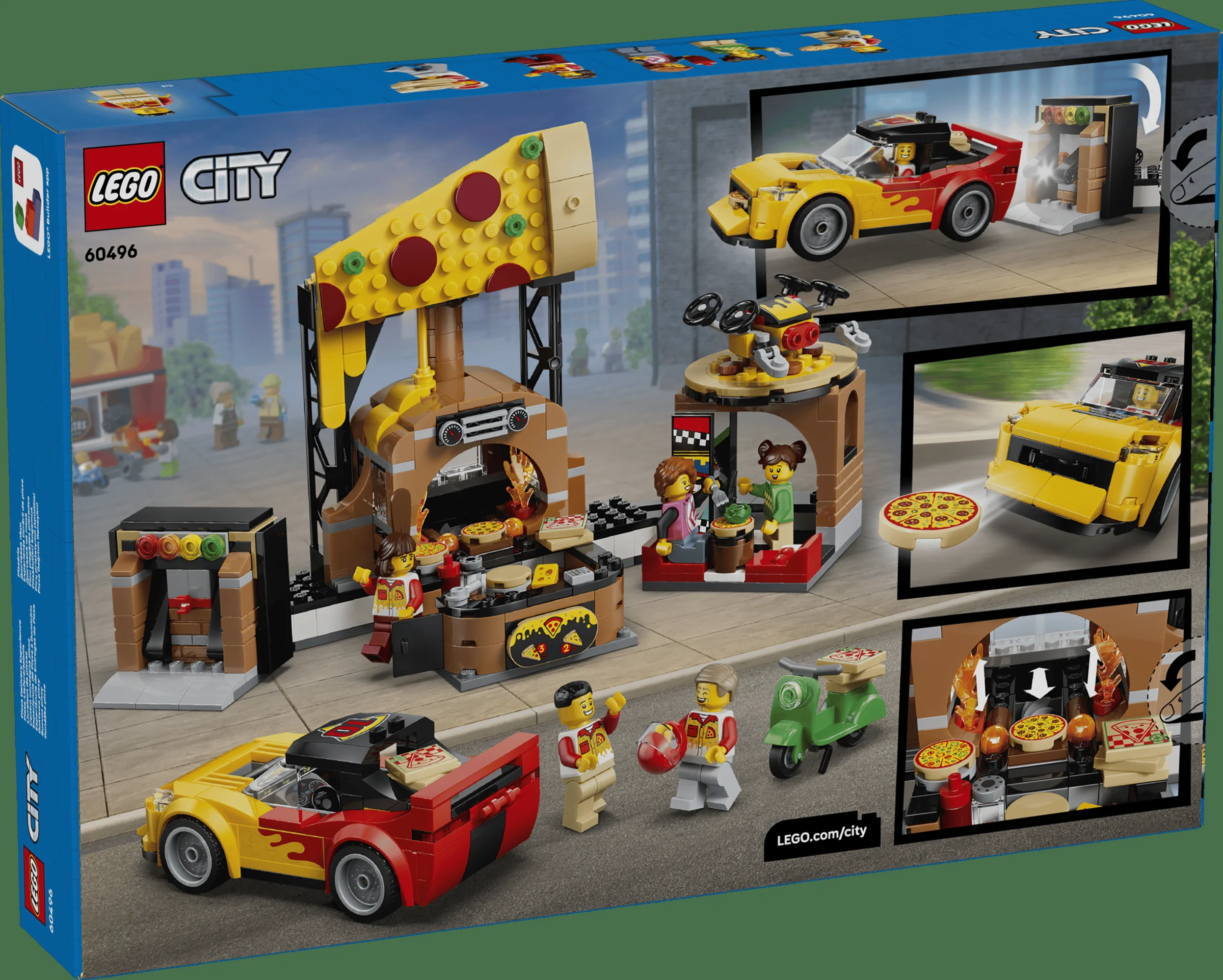 Cutia LEGO City 60496 prezintă setul cu pizzerie, mașină de curse și minifigurine, pe fundal urban.