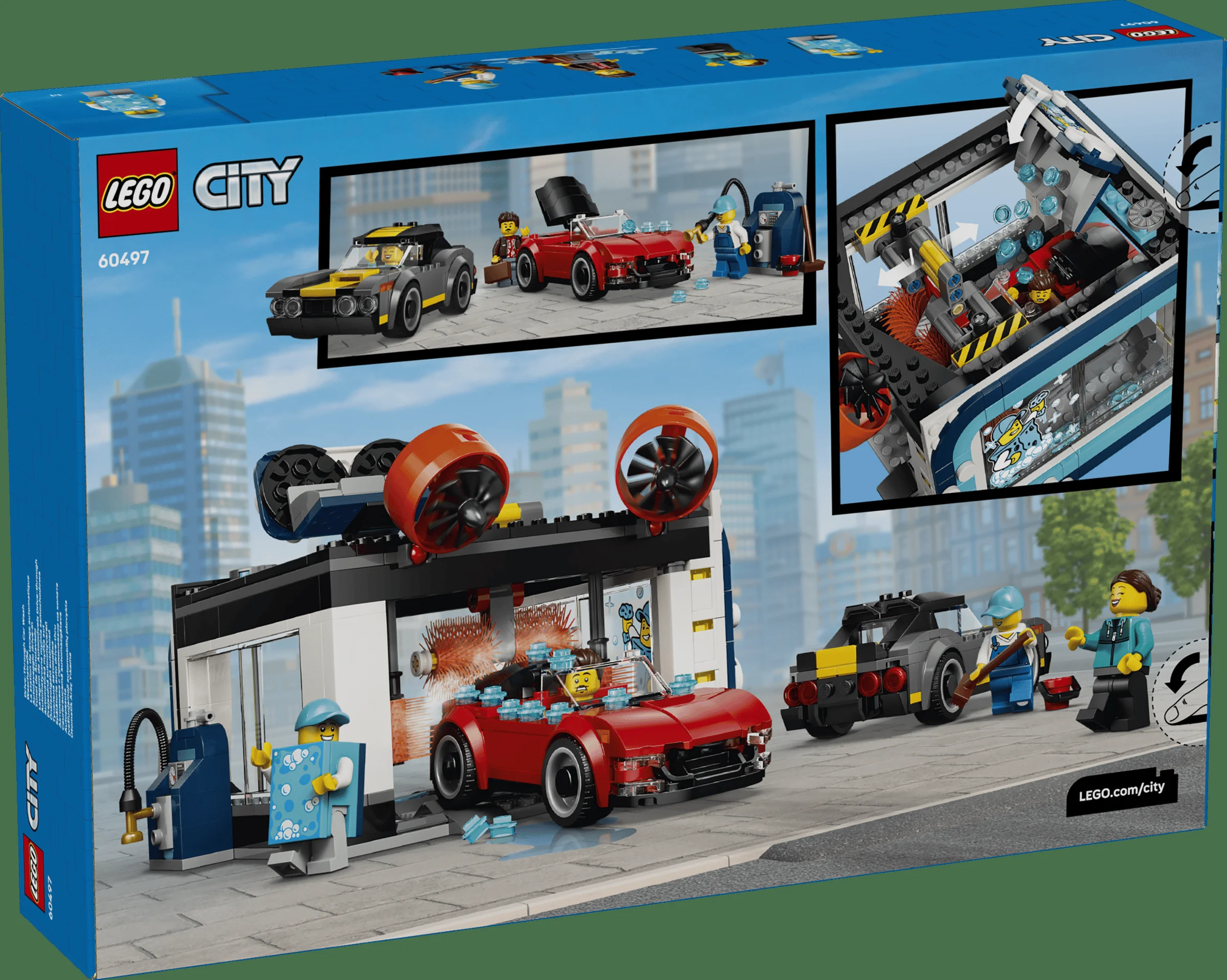 Cutia LEGO City 60497 prezintă spălătoria auto interactivă, cu minifigurine și mașini colorate.