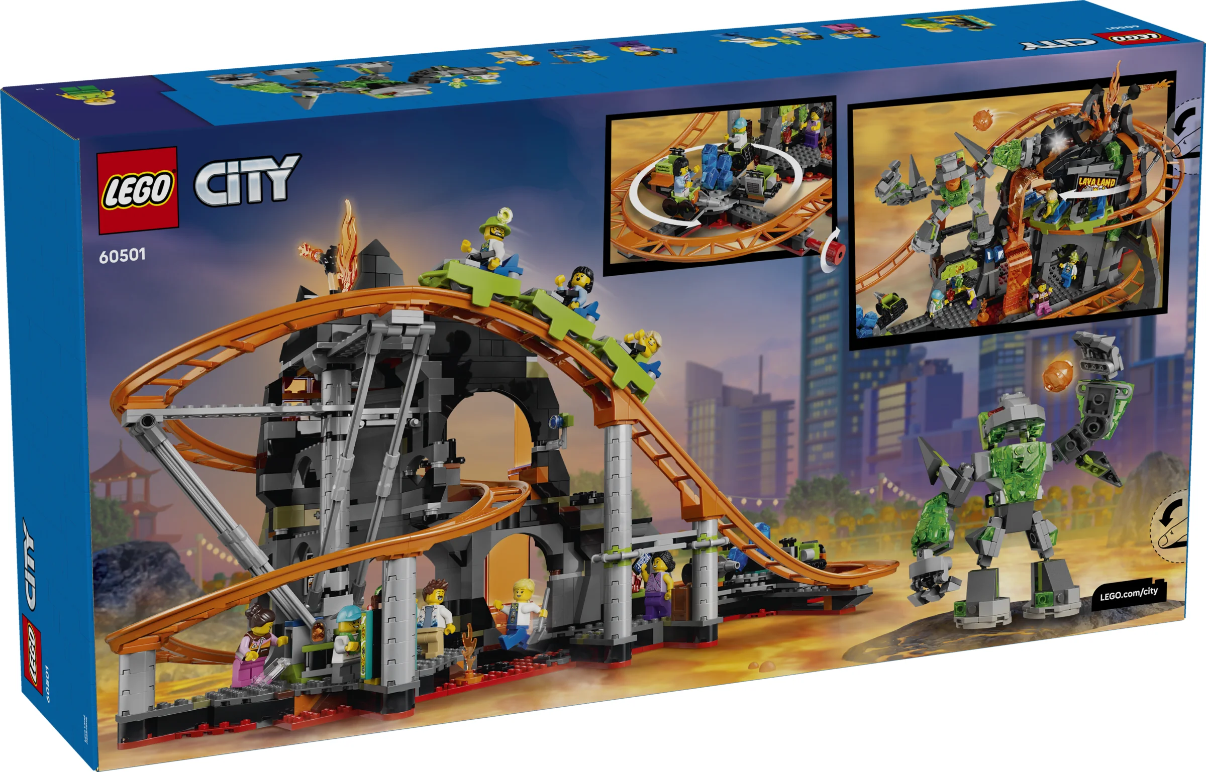 Imagine cu cutia setului LEGO City 60501, Lava Land, arătând modelul complet.
