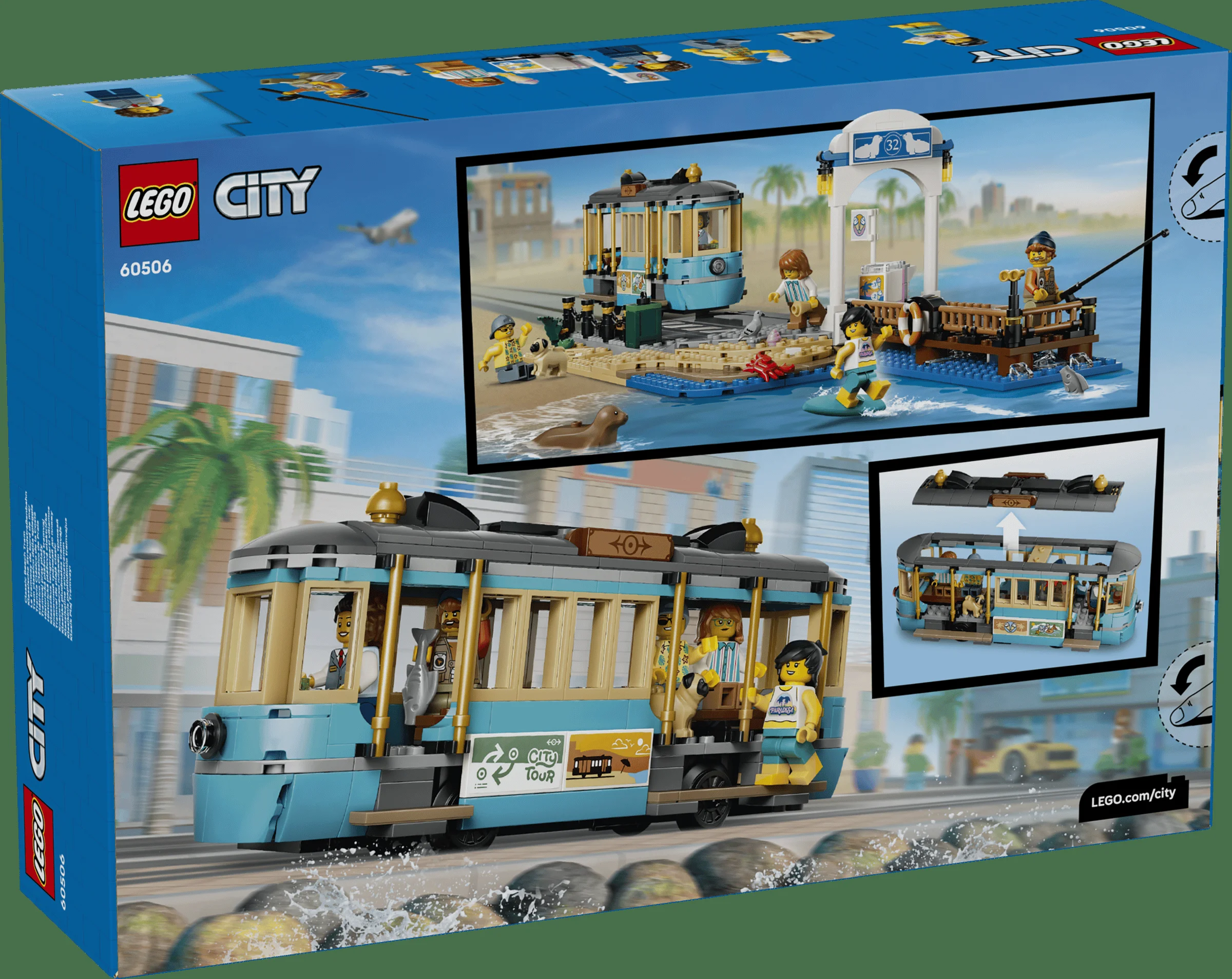 Imagine cu cutia setului LEGO City 60506, tramvaiul de plajă. Include scene de joacă și minifigurine.