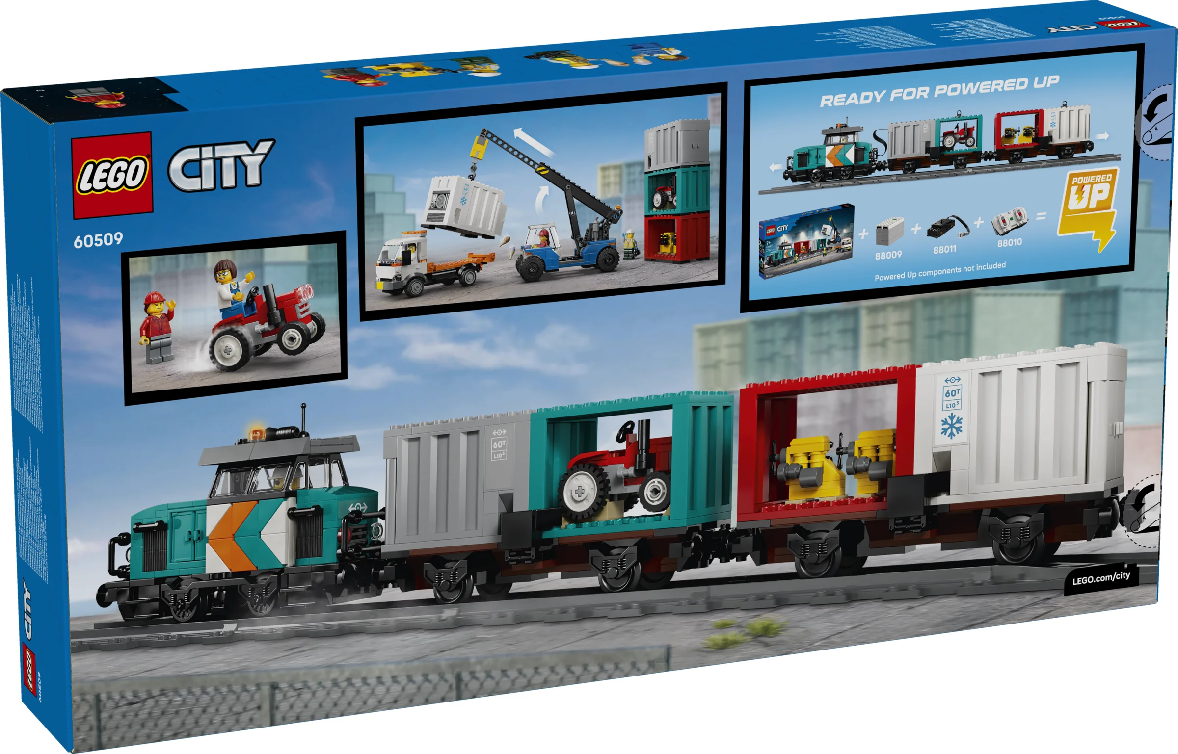 Imagine detaliată a cutiei cu trenul de marfă LEGO City 60509, care prezintă caracteristici și mini-scene.