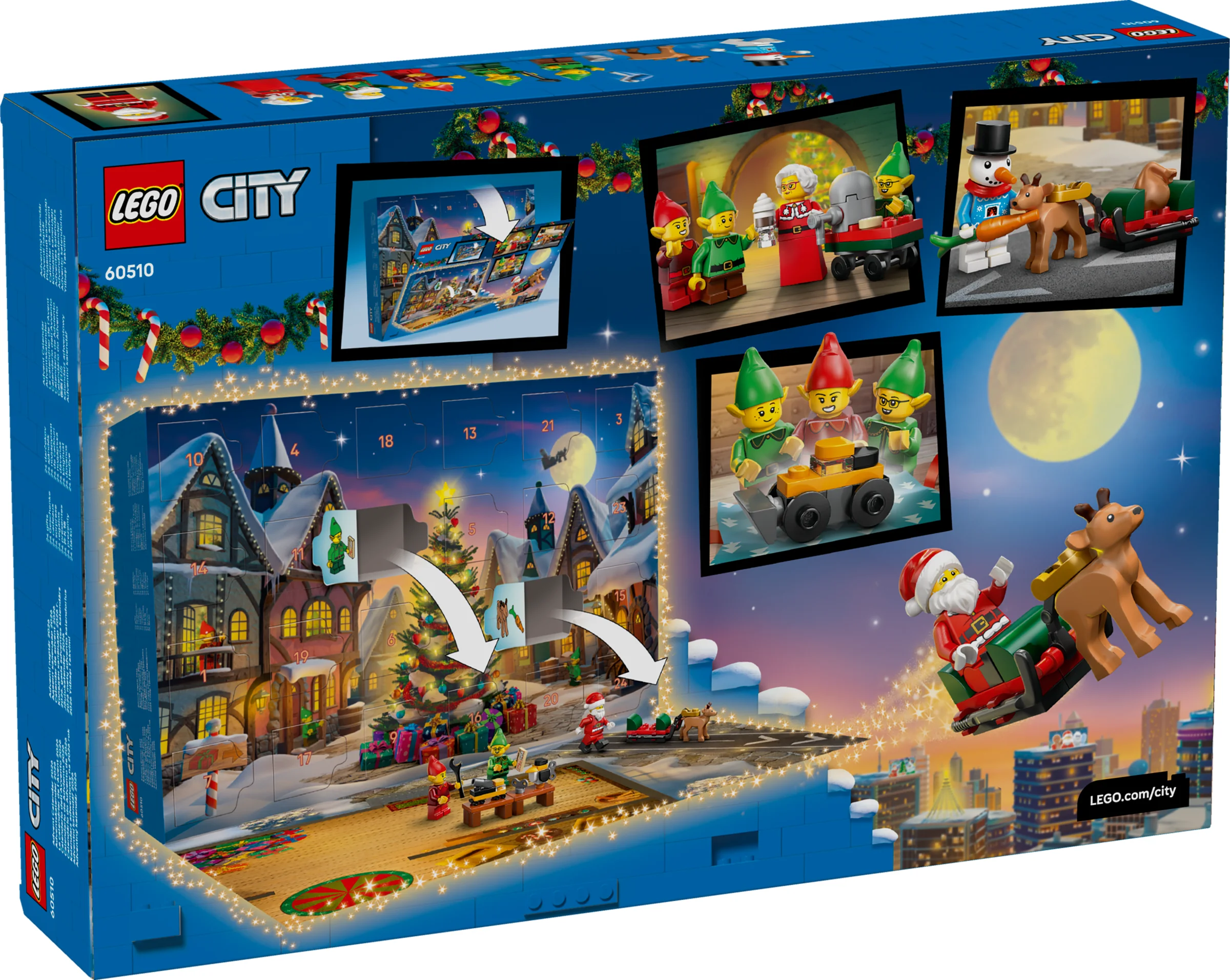Cutia LEGO City Calendar Advent 2026 (60510) prezintă minifigurine și scene festive de Crăciun.