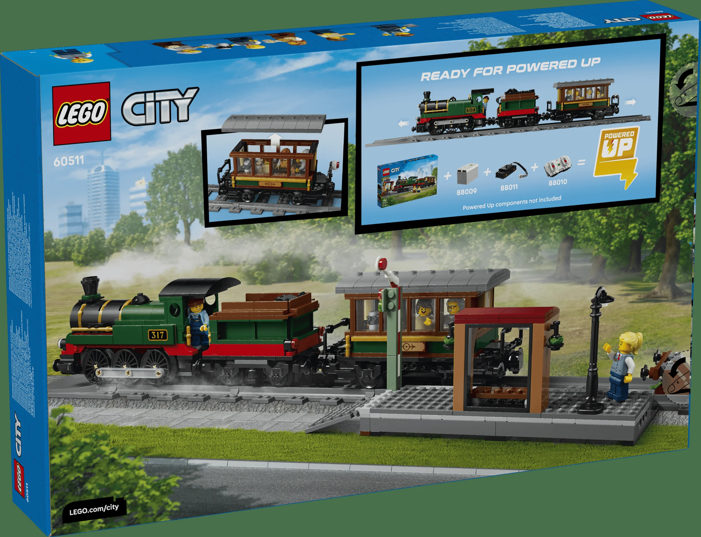 Imaginea cutiei setului LEGO City 60511, Tren cu aburi vintage, cu trenul și peronul. Detalii despre Powered Up.