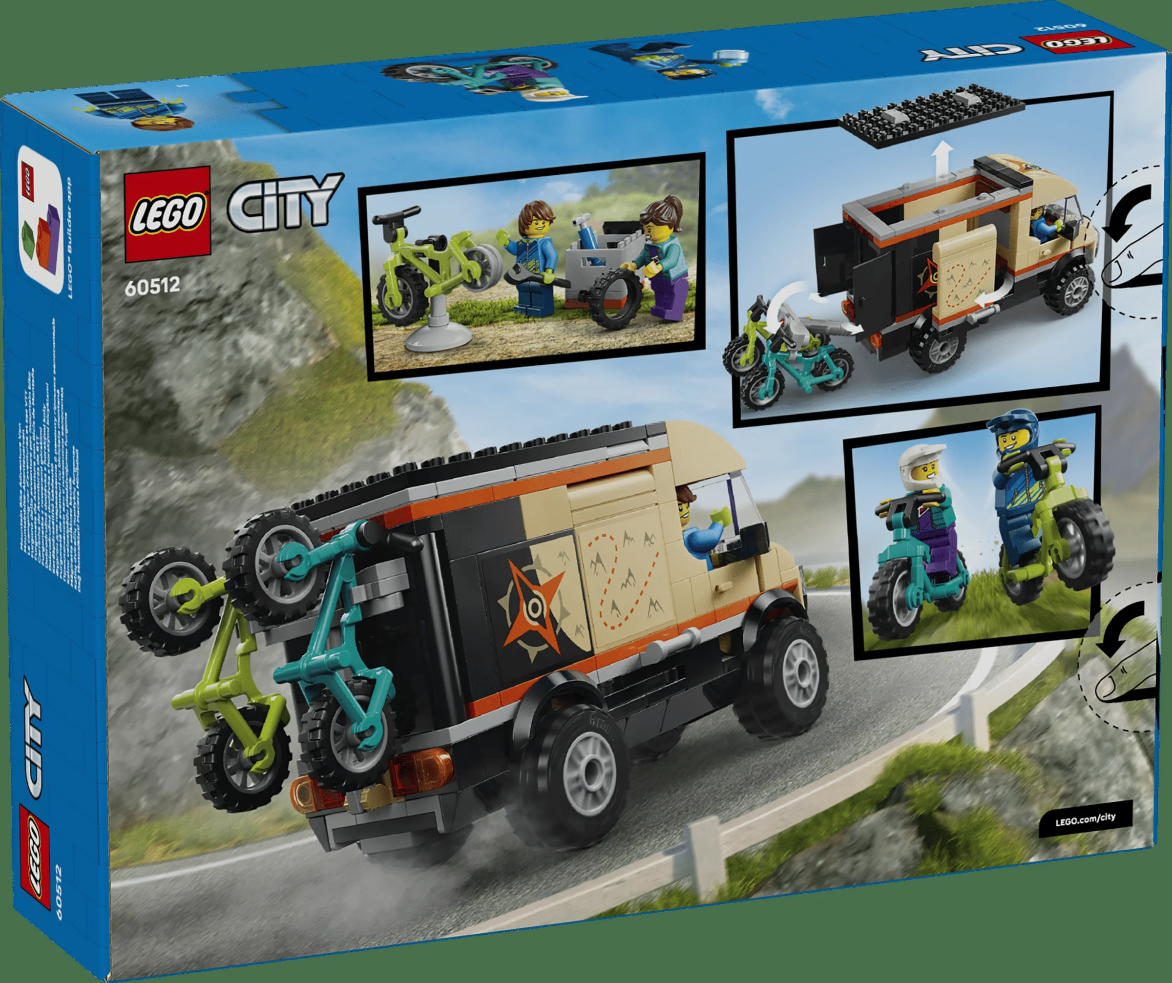 Cutia setului LEGO City 60512, prezentând camioneta de aventură și bicicletele de munte. Design atrăgător.