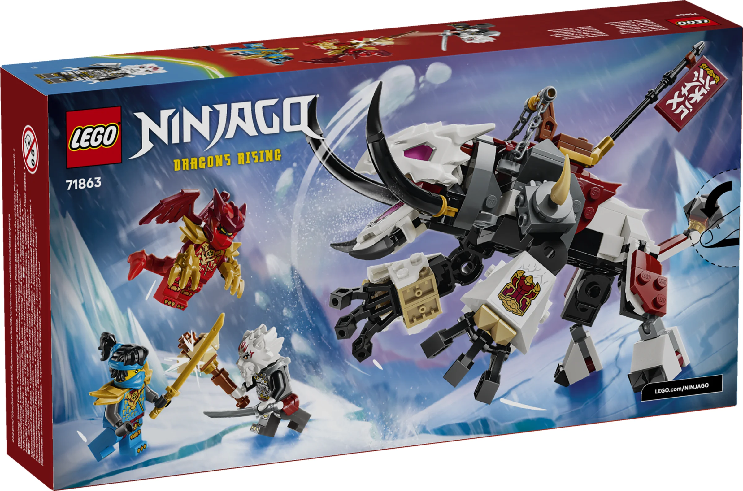 Cutia setului LEGO Ninjago 71863, cu Zilvar și Grimtak, bestia dragon. Imagine vibrantă și detaliată.
