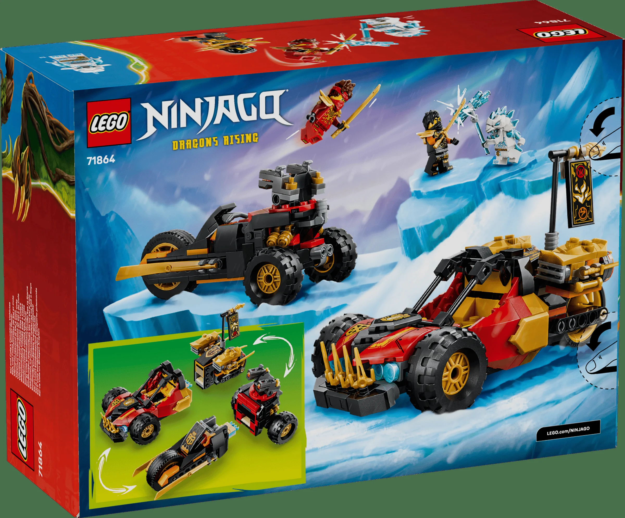 Cutie LEGO 71864 Kai și Cole, cu vehiculele lor combinabile. Design atractiv, detaliu combinare.
