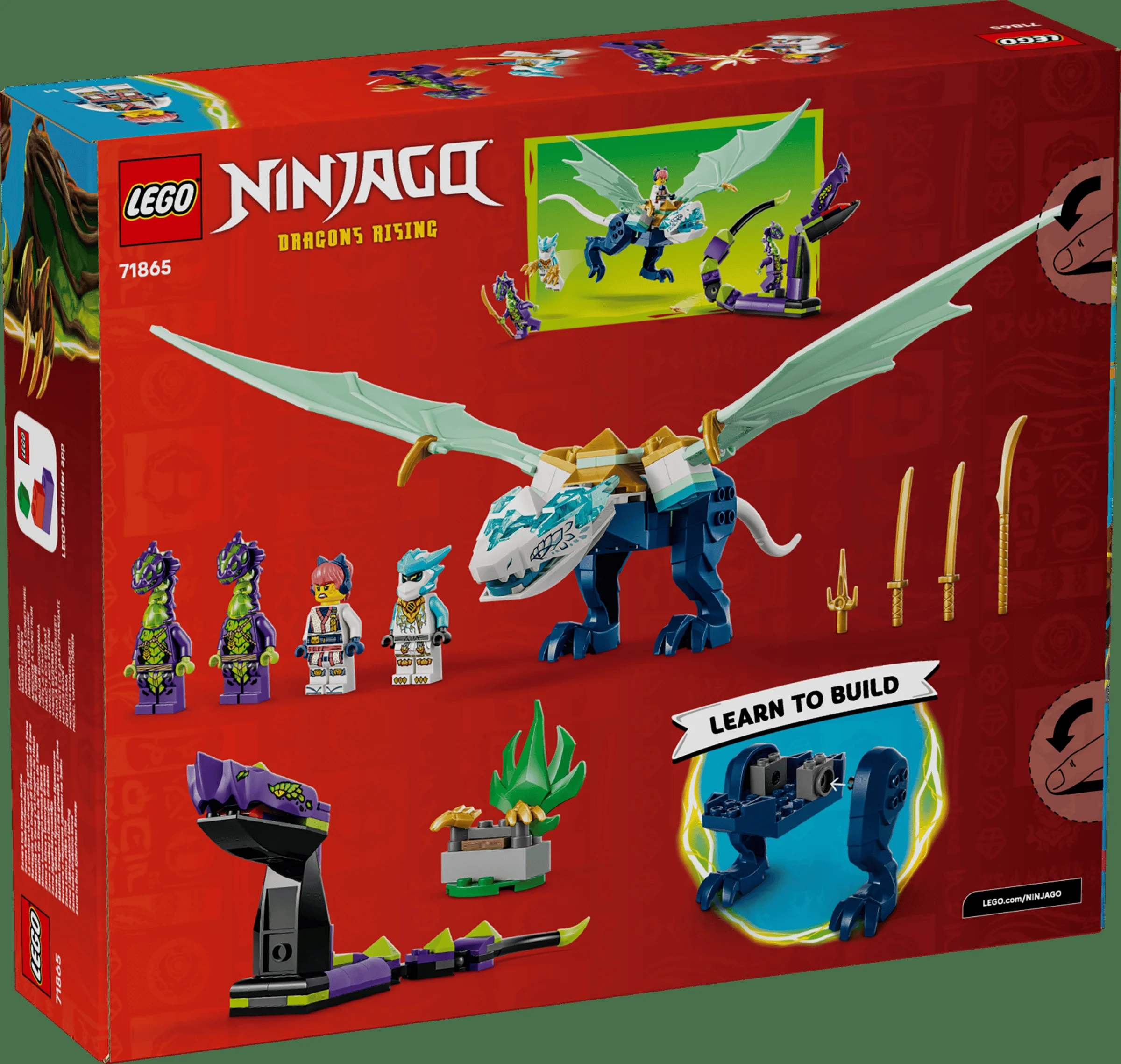 Imagine cu spatele cutiei setului LEGO 71865, ce prezintă dragonul de gheață, minifigurinele și accesoriile incluse.