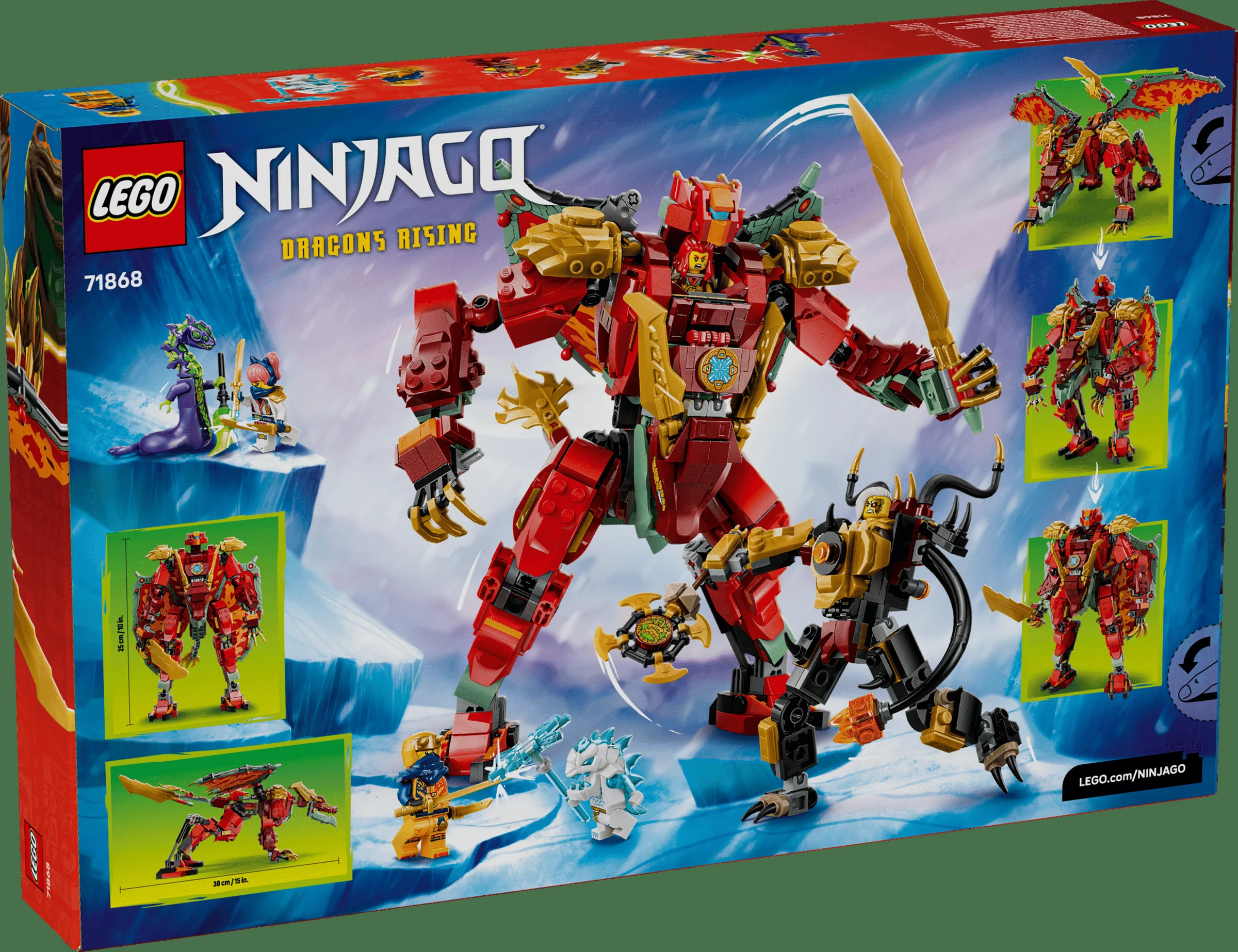 Imagine cu cutia setului LEGO Ninjago 71868, „Dragonul Robot Transformativ al lui Wyldfyre”.