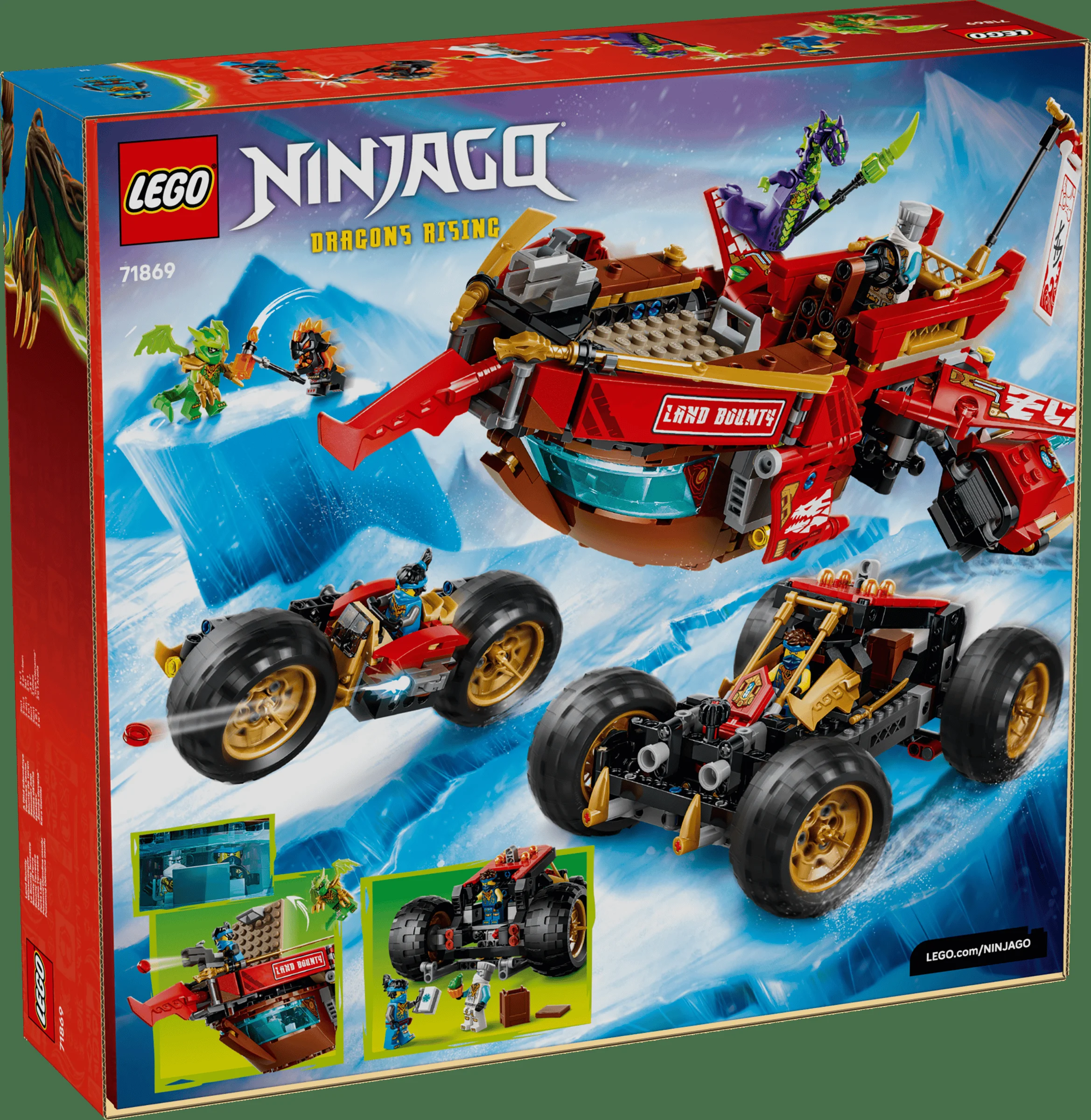 Cutia LEGO Ninjago 71869 Land Bounty cu vehiculul și minifigurinele prezentate.