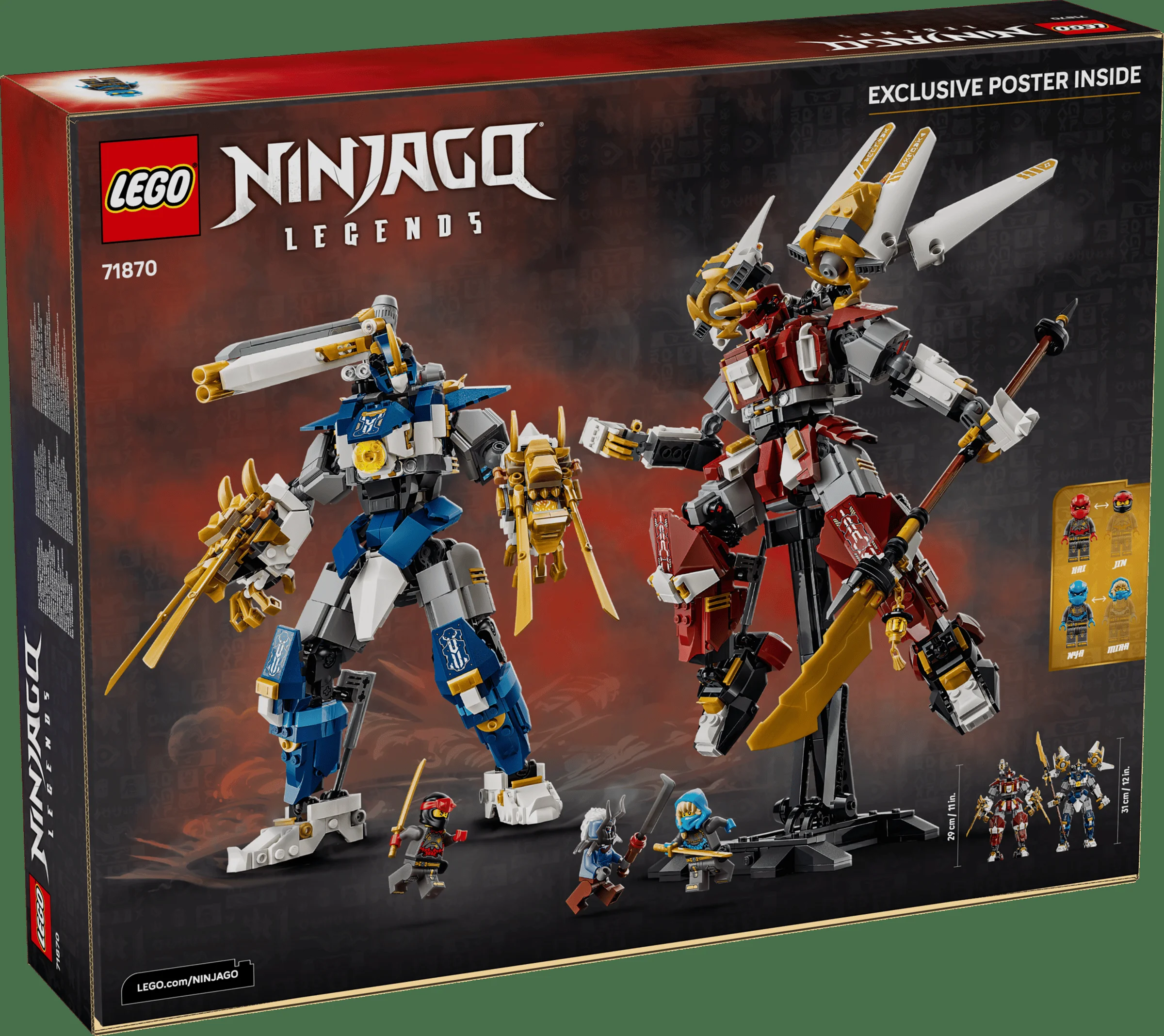 Cutia LEGO Ninjago 71870, cu cei doi roboți titani și minifigurinele incluse.