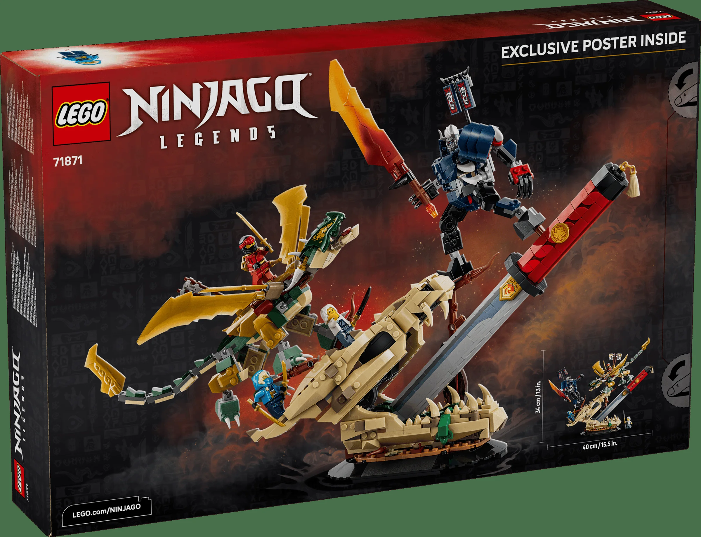Imagine a cutiei LEGO Ninjago 71871, cu modelul construit și minifigurinele prezentate.