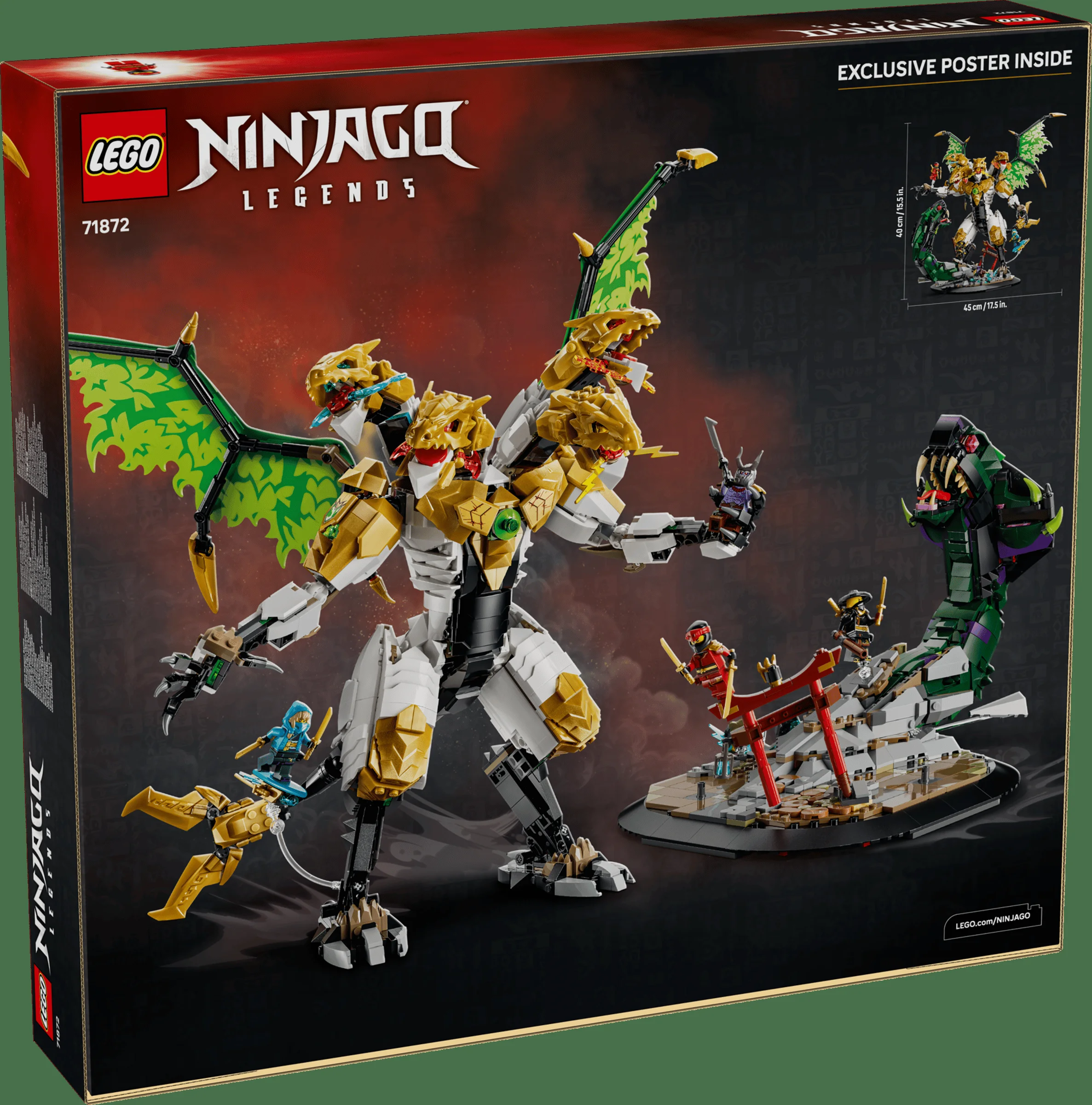 Cutia setului LEGO Ninjago 71872 „Bătălia Dragonului Suprem”. Include dragonul cu patru capete și minifigurine.