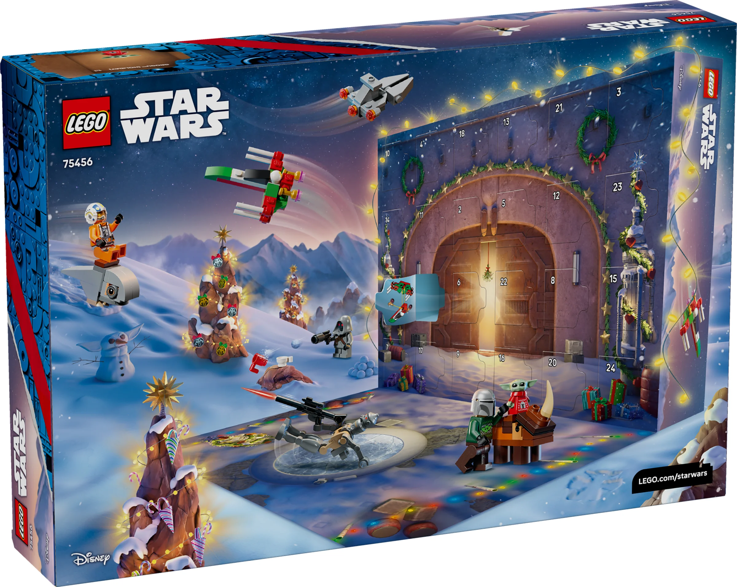 Cutia LEGO Star Wars Calendar Advent 2026, prezentând minifigurine și construcții festive Star Wars.