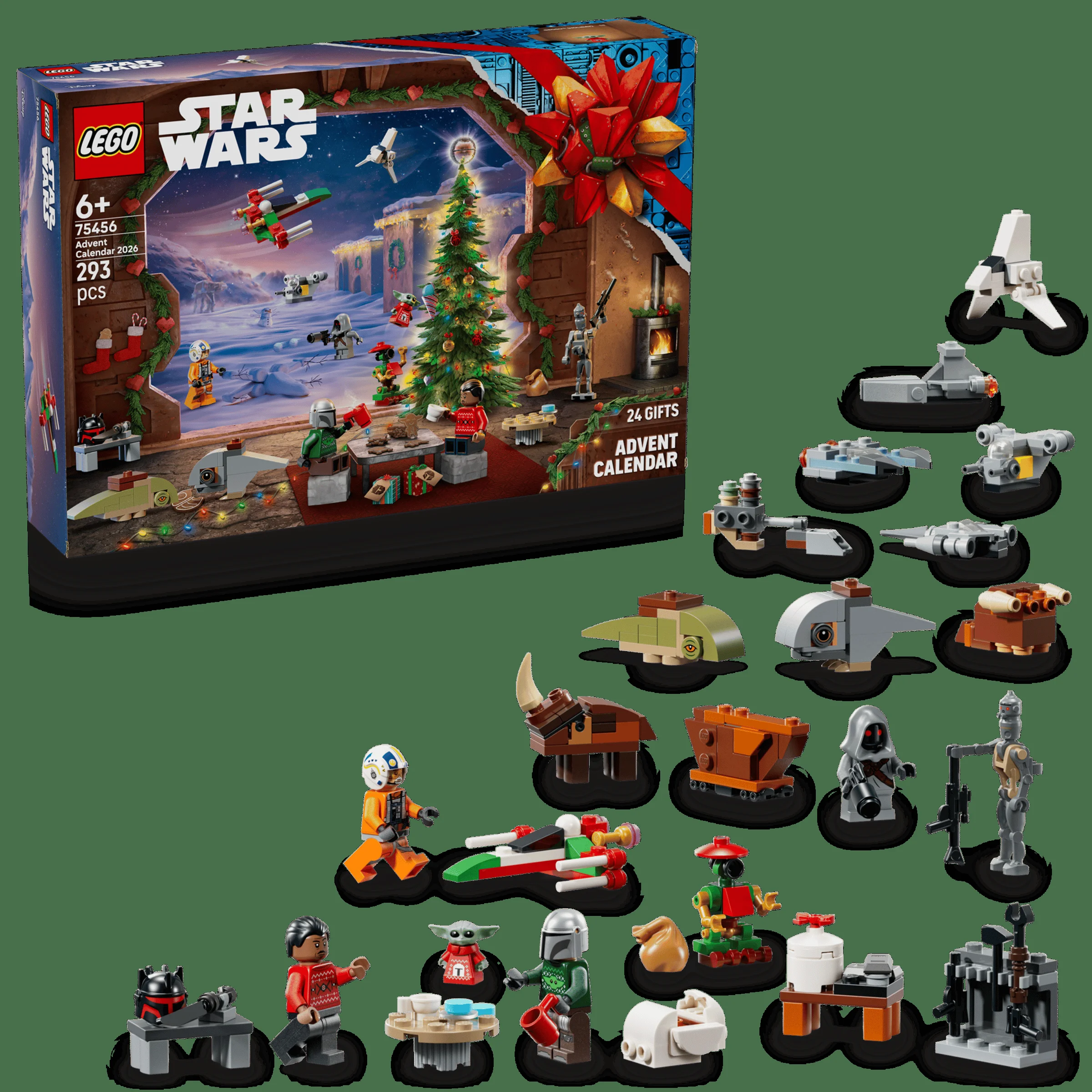 Imaginea prezintă cutia și minifigurinele din Calendarul Advent LEGO Star Wars 75456, ediția 2026.