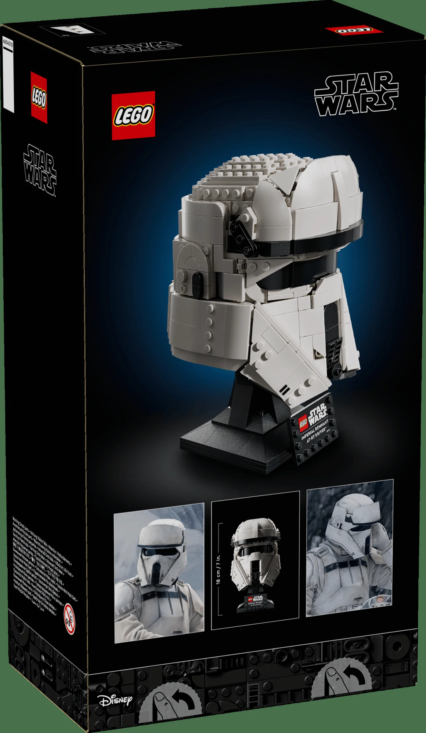 Cutia LEGO Star Wars 75458, cu casca AT-RT Driver și logo-urile LEGO și Star Wars.