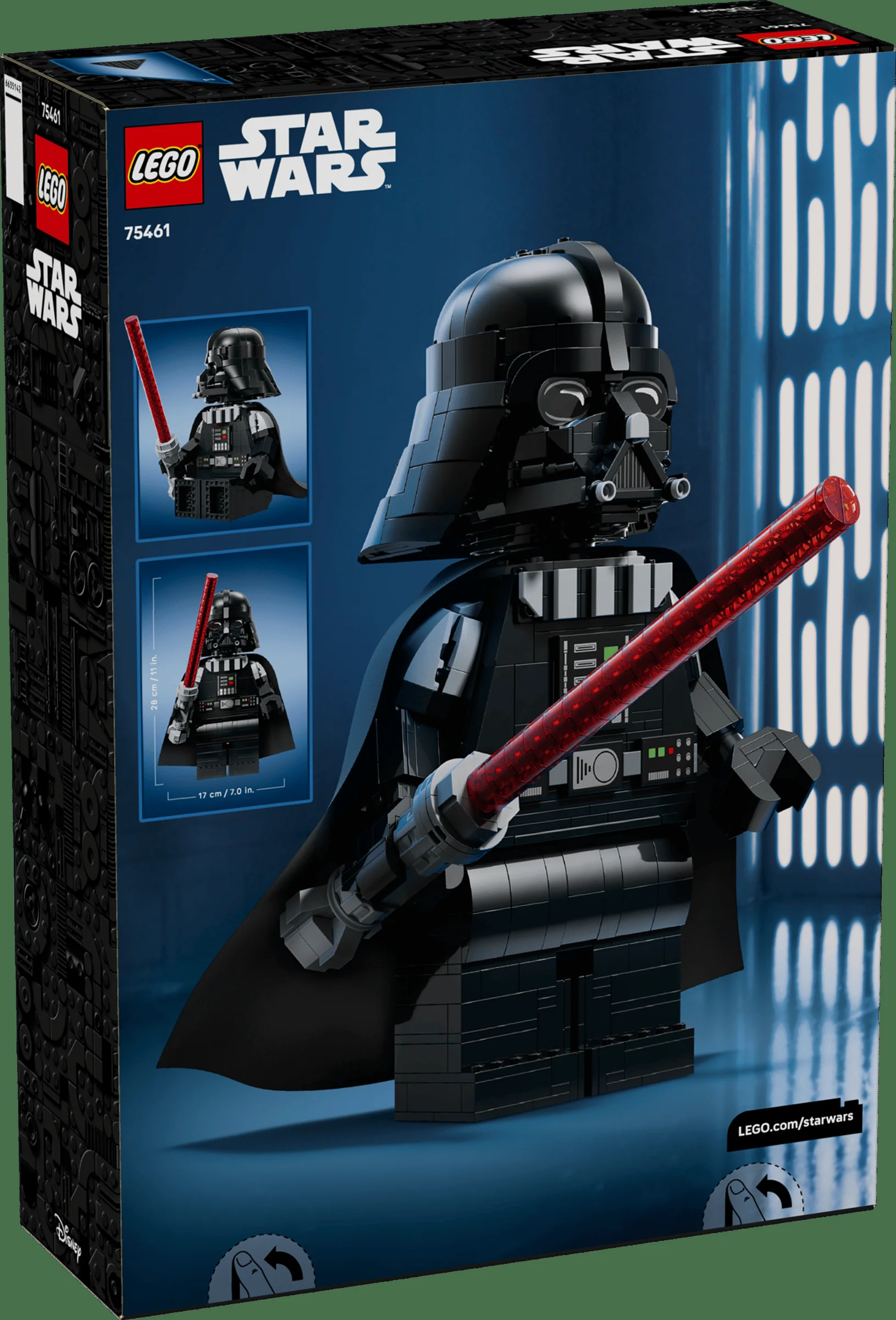 Cutie LEGO 75461, cu Darth Vader construit din cărămizi, detaliind dimensiunile și logo-urile Star Wars și LEGO.