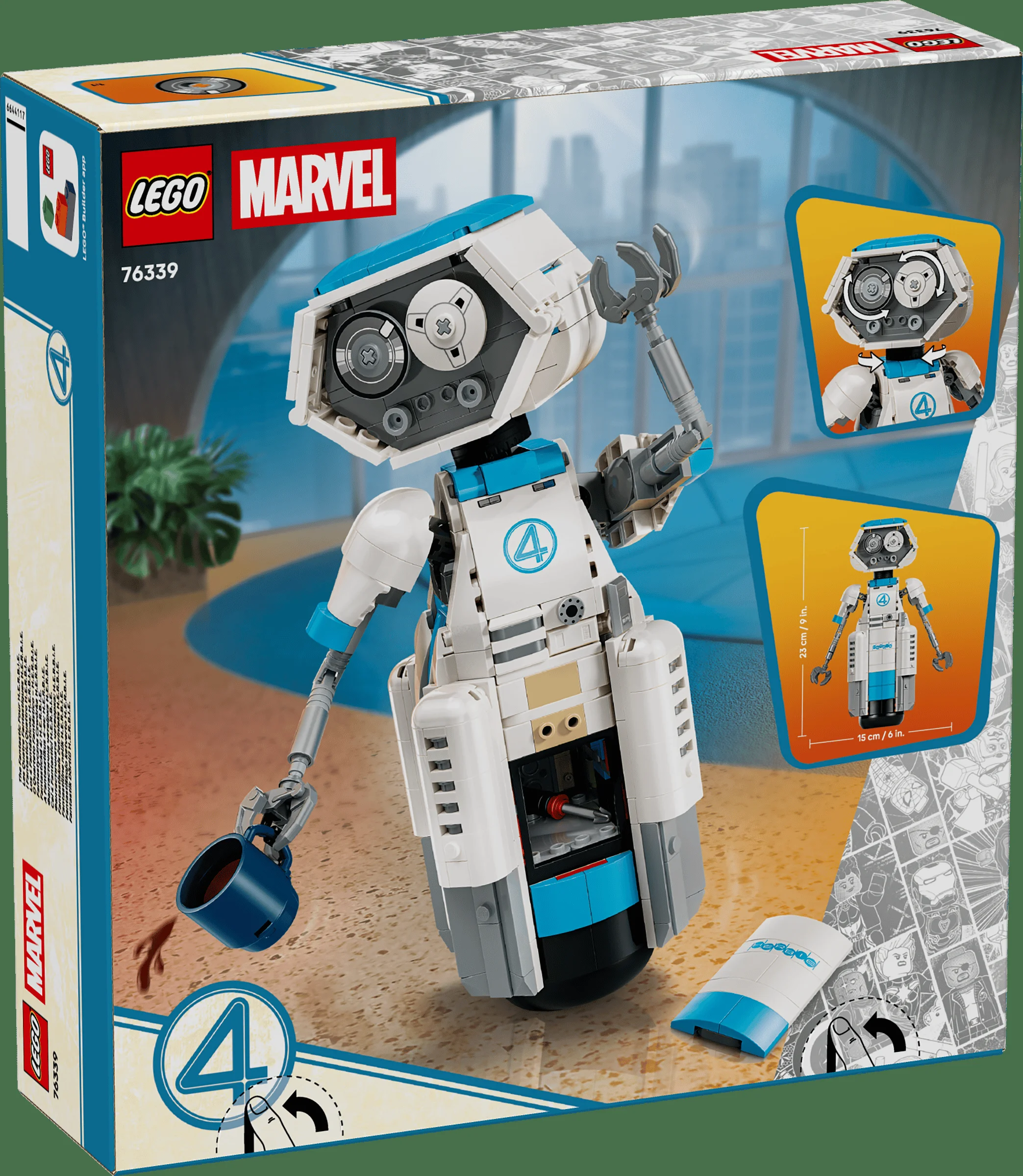 Cutia LEGO 76339 H.E.R.B.I.E., cu robotul asamblat și detaliile de construcție.