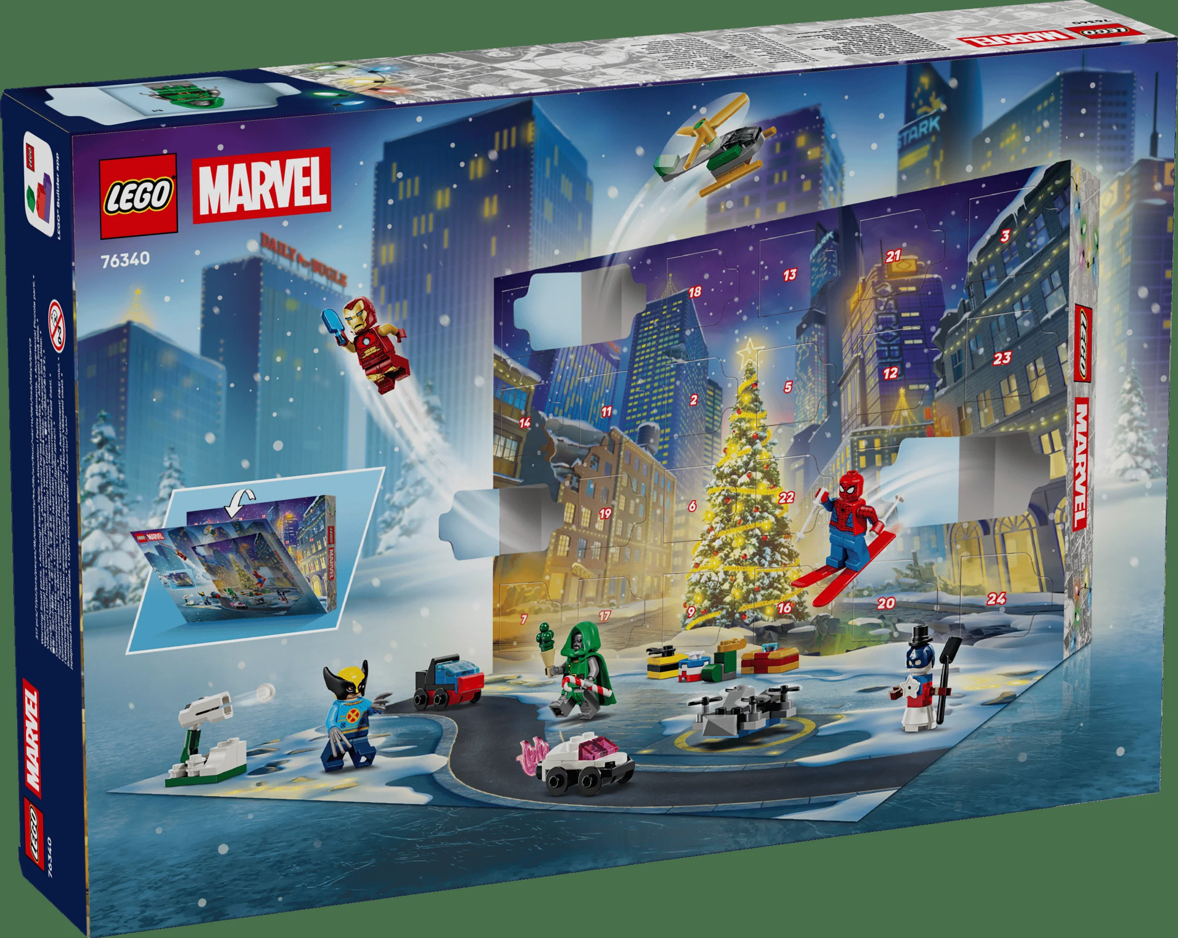 Imagine cu cutia Calendarului de Advent LEGO Marvel 76340, arătând minifigurine și construcții mici.