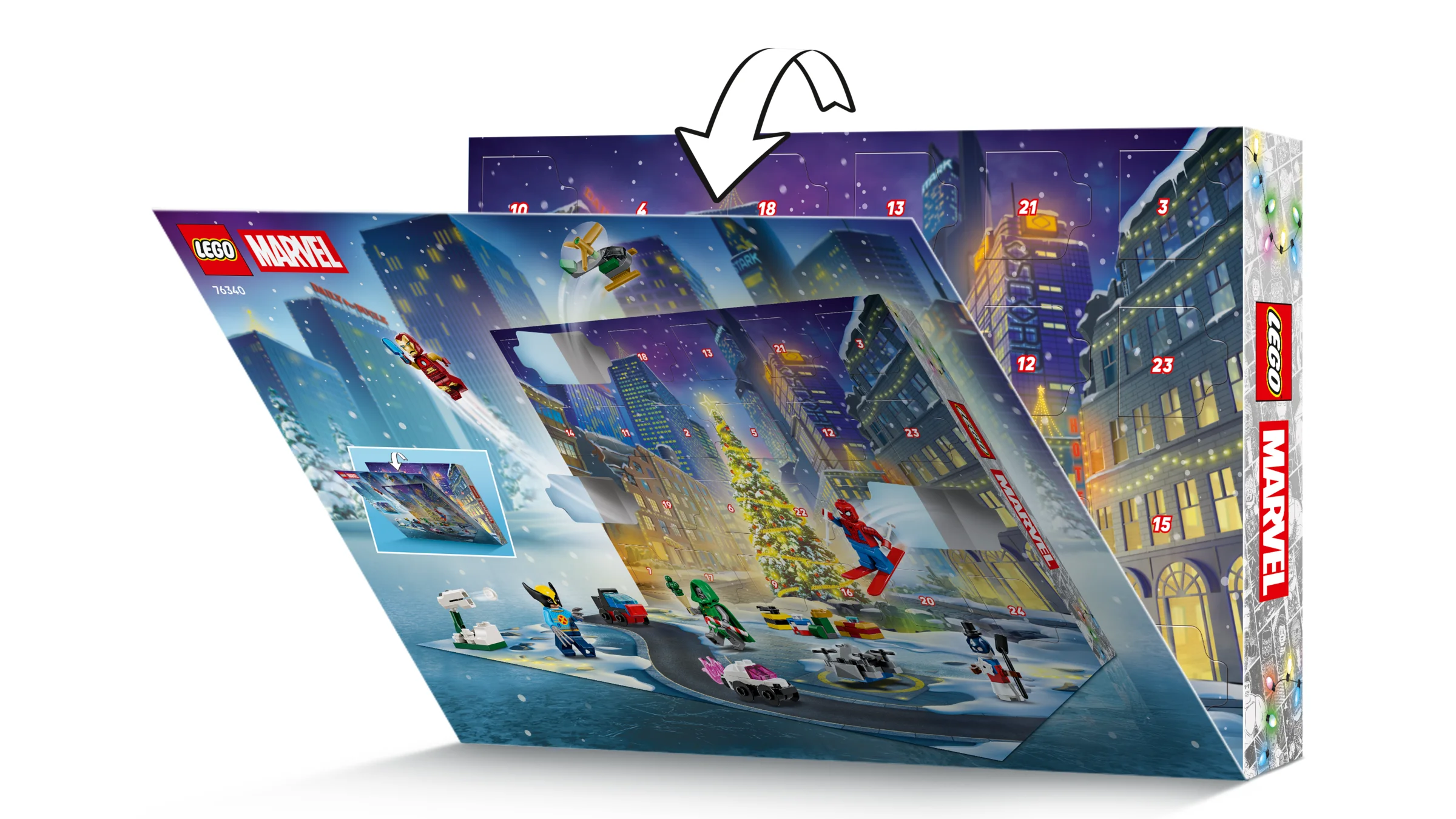 Cutia calendarului de advent LEGO Marvel 76340 deschisă, arătând ilustrații festive și mini construcții.