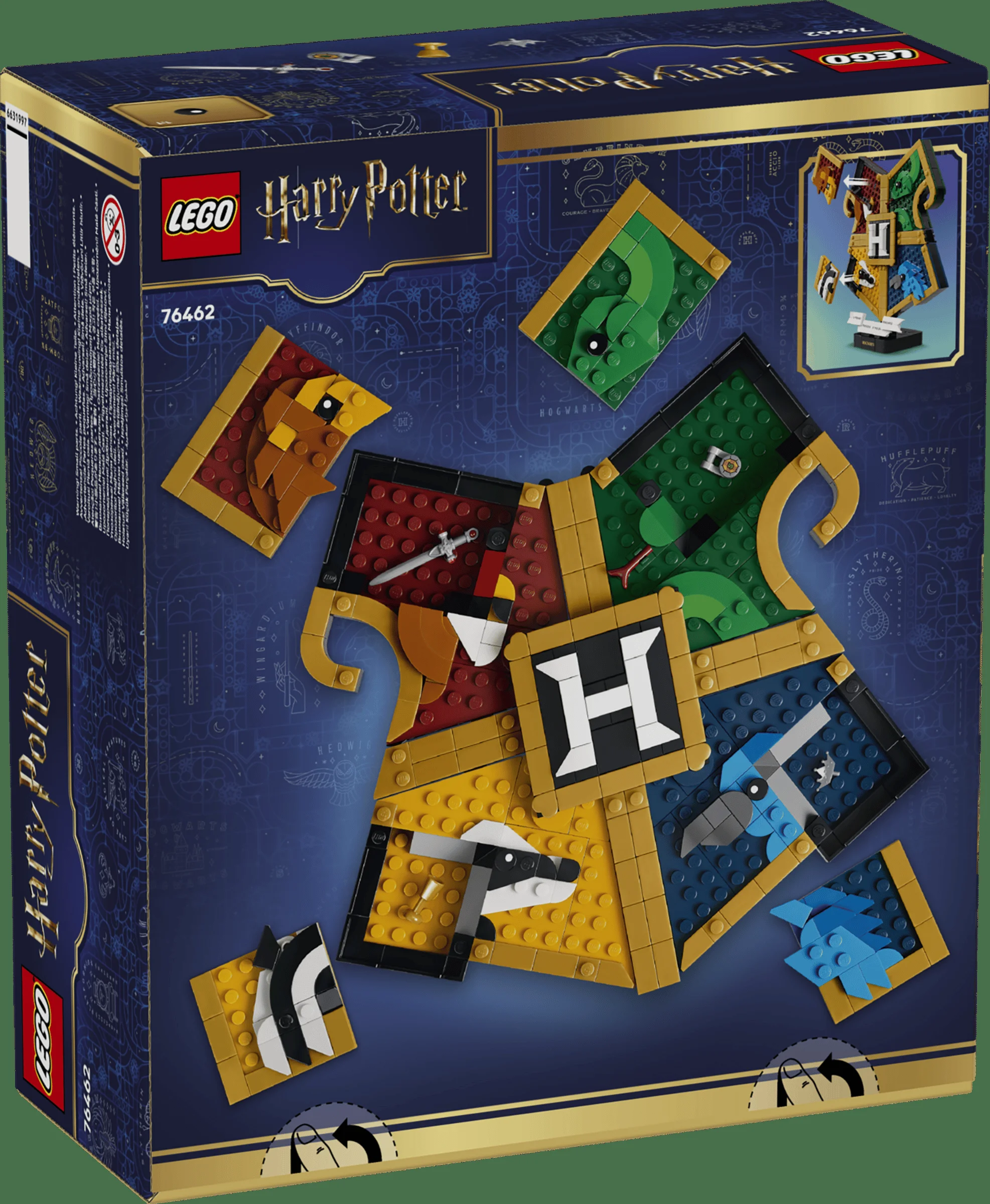 Cutia LEGO 76462, cu stema Hogwarts formată din părți detașabile ale caselor.